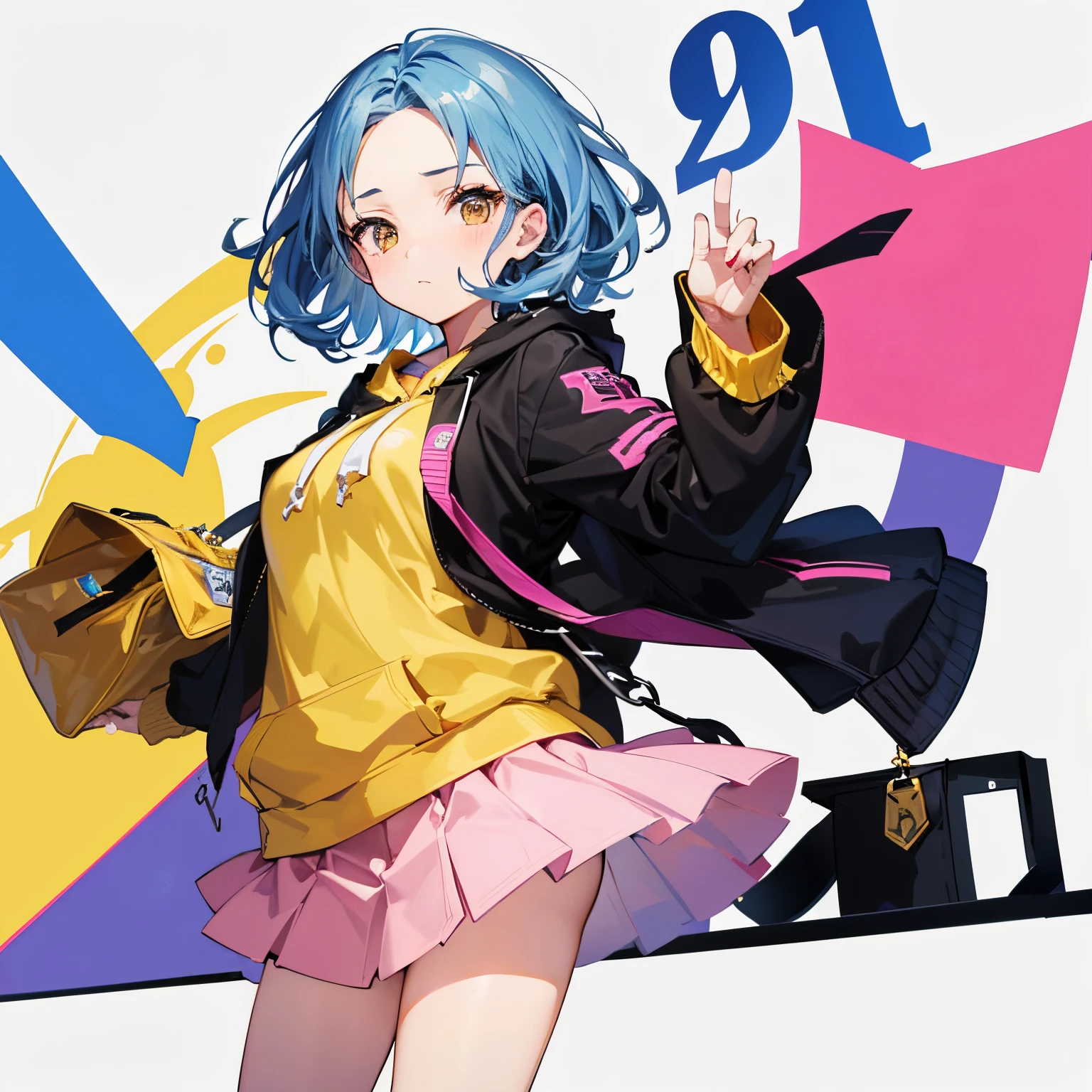 Anime, ((best quality)),18 years old girl, solo, brown eyes, blue hairs, wavy parted hair, (show forehead), short hair, black jacket, Pink mini skirt, Yellow hoodie, Boston bag carried diagonally, simple background