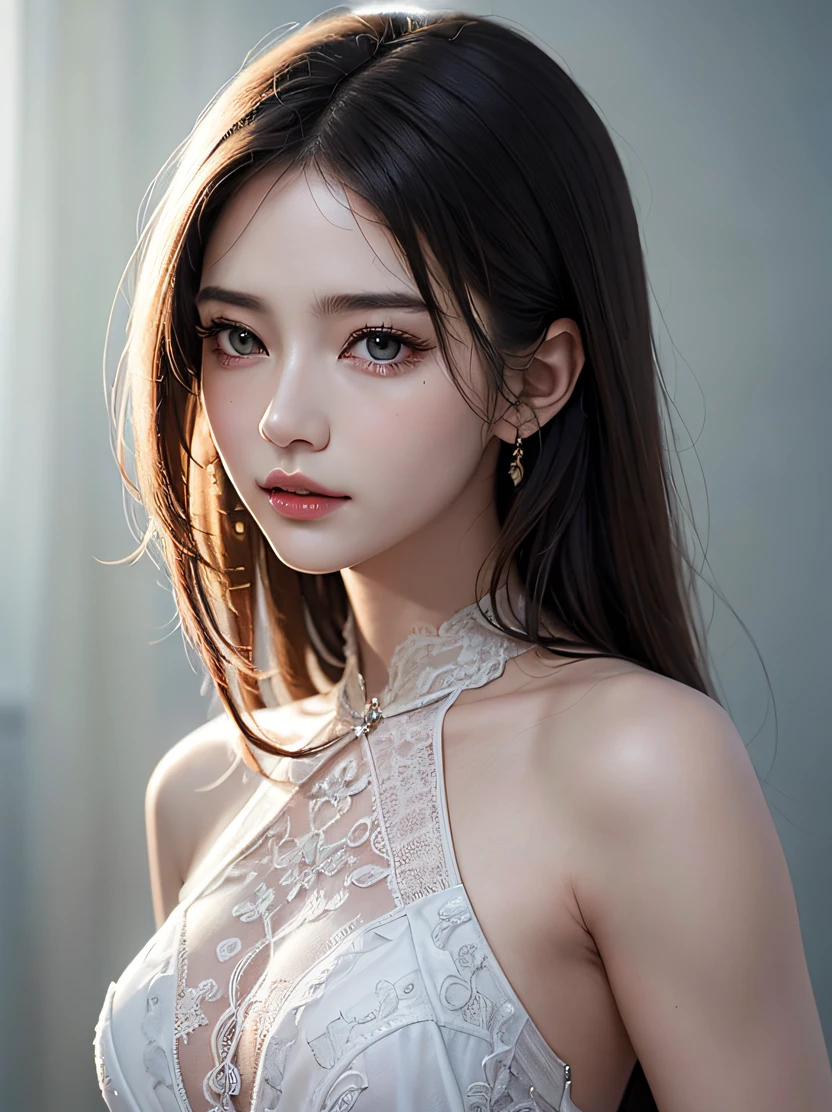(top-quality、masterpiece、ultra-detailliert、hight resolution、realisitic、Photorealsitic、Extremely delicate and beautiful、amazing fine details、The best illustrations、Dramatic Lighting、foco nítido)、Stunning portrait of a beautiful woman、3/5 shots、(real picture、Intricate details、depth of fields)、High-neck clothes、Parted Lip、ighly detailed、Perfect face、Perfect body、Detailed hand depiction、Large models、Mature Woman、tall、Long legs、Natural background bokeh、CYB Dresses