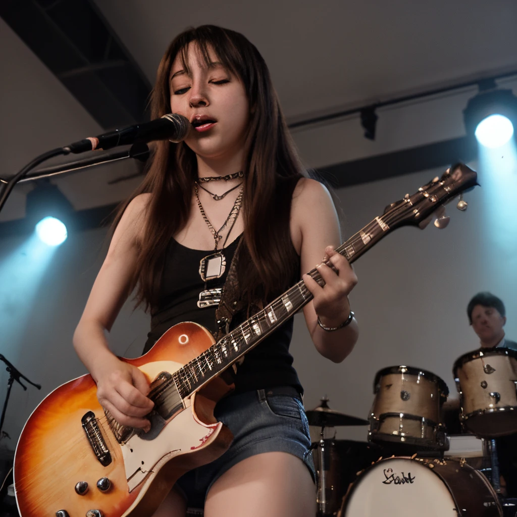 Anime sencillo, chica con una guitarra, tocando en un concierto, a chain hanging from his pants