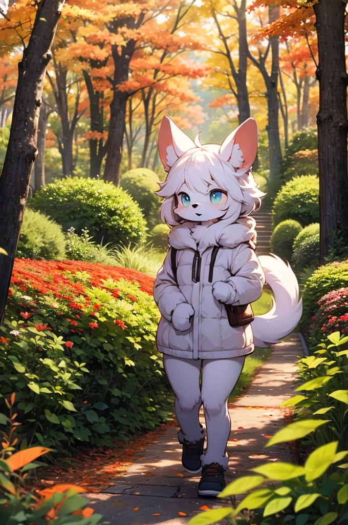 white furry, adventure,autumn foliage forest,