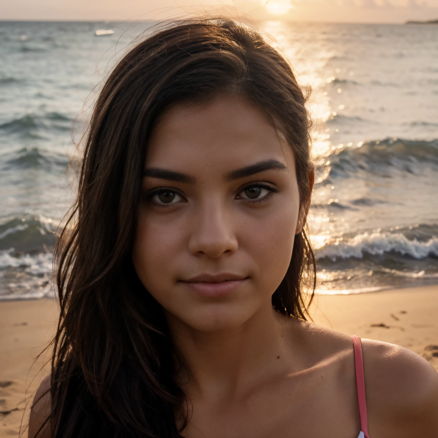 foto realista, melhor qualidade possivel.
random ethnicity close-up on face of beautiful young woman watching the sunset on a paradisiacal beach