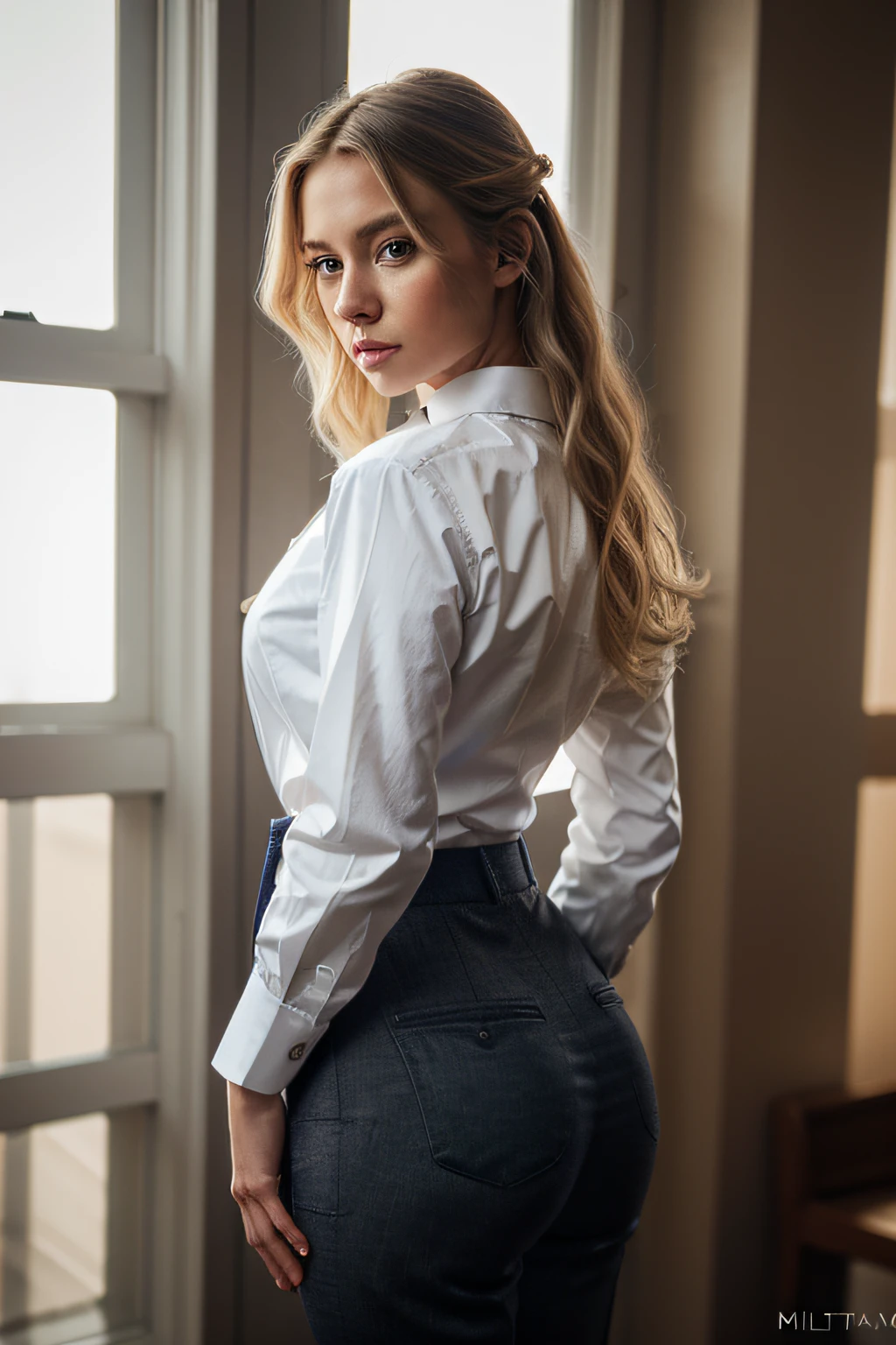 masterpiece, best quality, ultra-detailed, Potrait of beautiful MakimaCSM, solo, wavy hair, platinum blonde, blue eyes, shirt, long_sleeves, white_shirt, collared_shirt, pants, from_behind, arms_behind_back, black_pants, formal, suit, arm_behind_back, shirt_tucked_in, facing_away, high-waist_pants, volumetric lighting, best quality, masterpiece, intricate details, tonemapping, sharp focus, hyper detailed, trending on Artstation,close up shot,