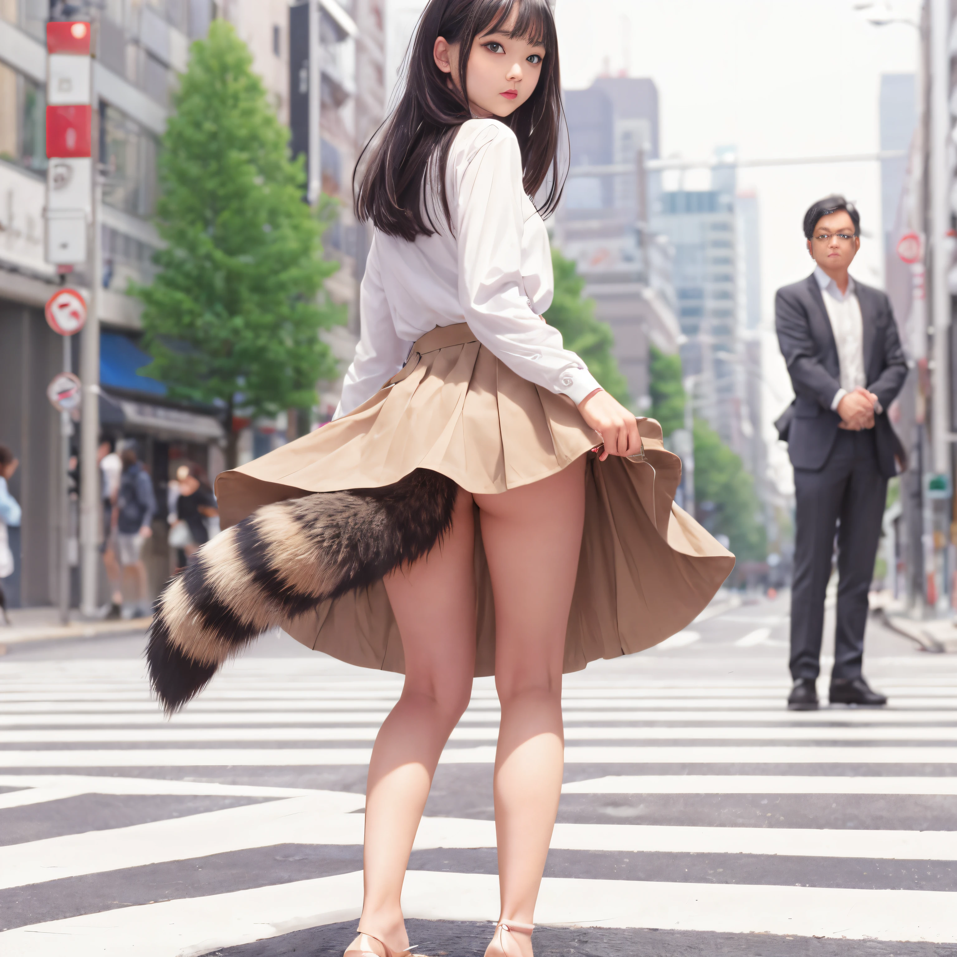 A girl wearing a skirt and high heels is crossing the road with a man in the background, raccoon tail, Furry tail,  City street with street trees behind her, fluffy tail, Tanuki tail, thick tail, in the city street, , Tailed, thick fluffy tail, tail, Troubled face, Red face, white panties, a picture, top-quality, Eight-headed body, slender