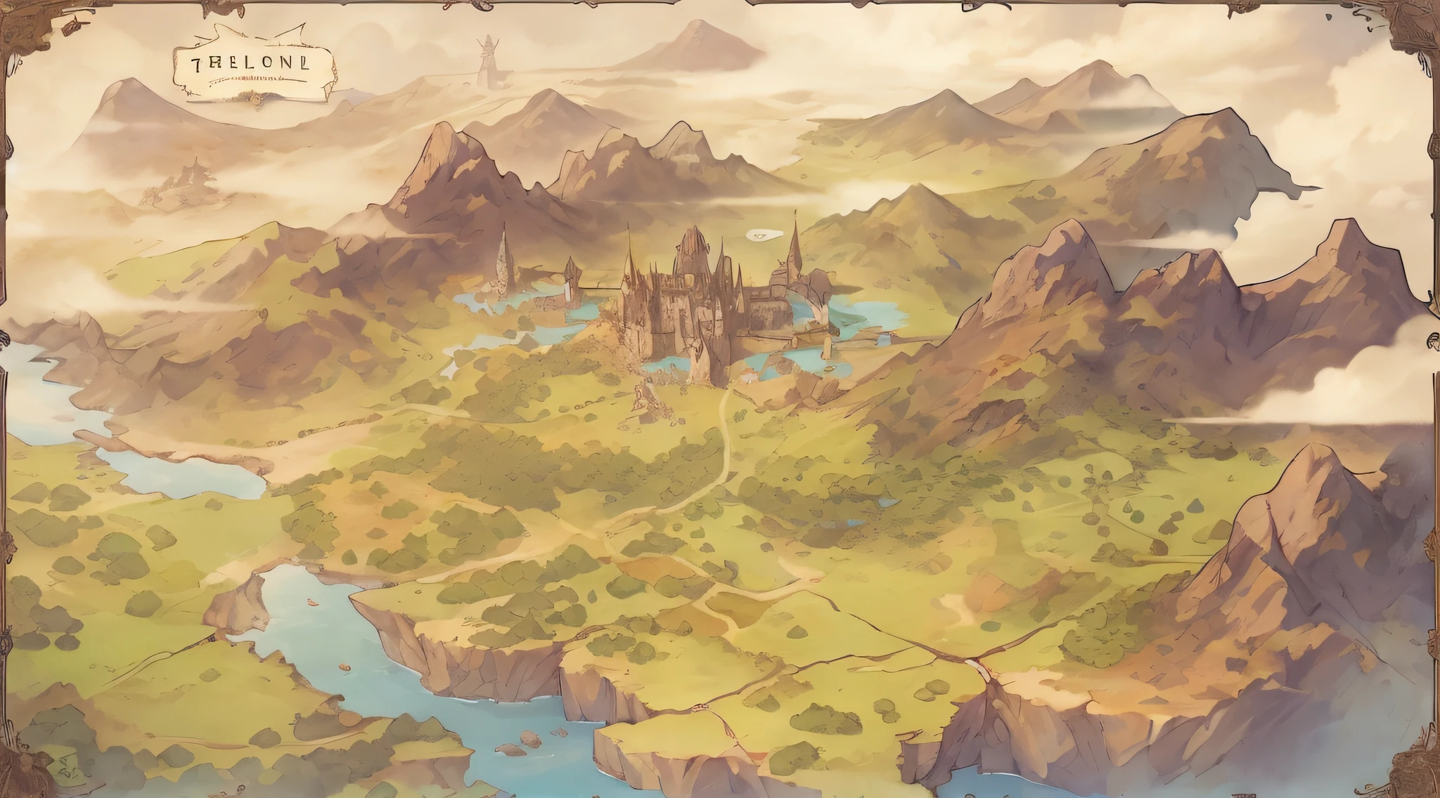 Alafid view of fantasy map with a castle in the middle, Detailed digital 2D fantasy art, Stunning mystery background, an isometric fantasy map, RPG landscape, Magic fantasy 2D concept art, light kingdom backdrop, arte de fundo, Coriolis RPG art style, Detailed scenery – width 672, ornate border + concept-art