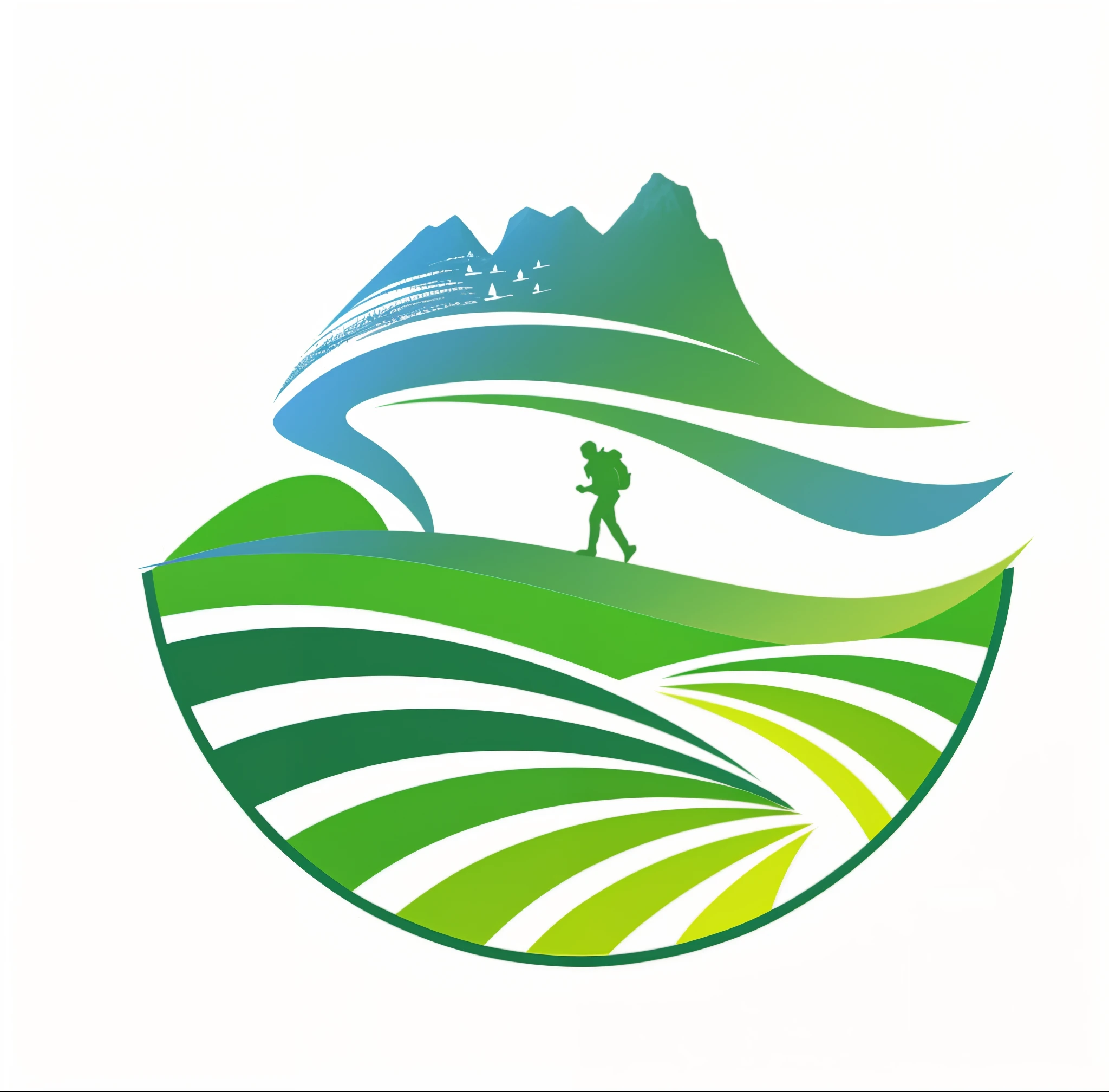 Close-up of a man running on a field with mountains in the background, grass spiral mountain scenery, Illustration logo, logotype, logotype, Simple illustration, Mountain labels, peasant, 2 5 6 x 2 5 6 pixels, grassy mountain scenery, ( lands ), travel and adventure, white backgrounid, Best logo, japan rural travel, Image of a, 20k