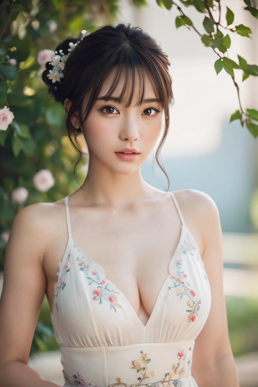 Focus on people。Create and express the best shining composition of the person in a realistic way。((masterpiece))、(((top-quality)))、((ultra-detailliert))、(A hyper-realistic)、(highly detailed CGillustration)、(extremely delicate and beautiful)、Girl a masterpiece、top-quality、Realistic skin feeling、Realistic fabric、We will introduce a realist illustration focusing on the center front of girls with realistic and ultra-detailed eyes.。This is the absolute rule, and the following sentence expresses the image quality。 The greatest painter in human history meets an unparalleled beauty、It is the greatest masterpiece in the history of the Inuiku Ichigo, which depicts the most beautiful figure of a lifetime.。 Create stunning anime artwork that is currently trending on seaStation、Introducing exquisite beauty and seductive aesthetics。Hair is tied up、White pesant dress with detailed floral embroidery、The background is outdoors