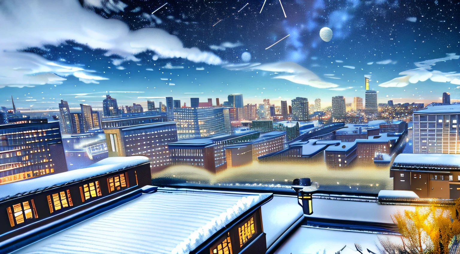 Scenery, City , Garden , floating Snow , Winter , Wind , Cloud , Blue sky , evening , shooting stars in the sky , Sun , Breeze