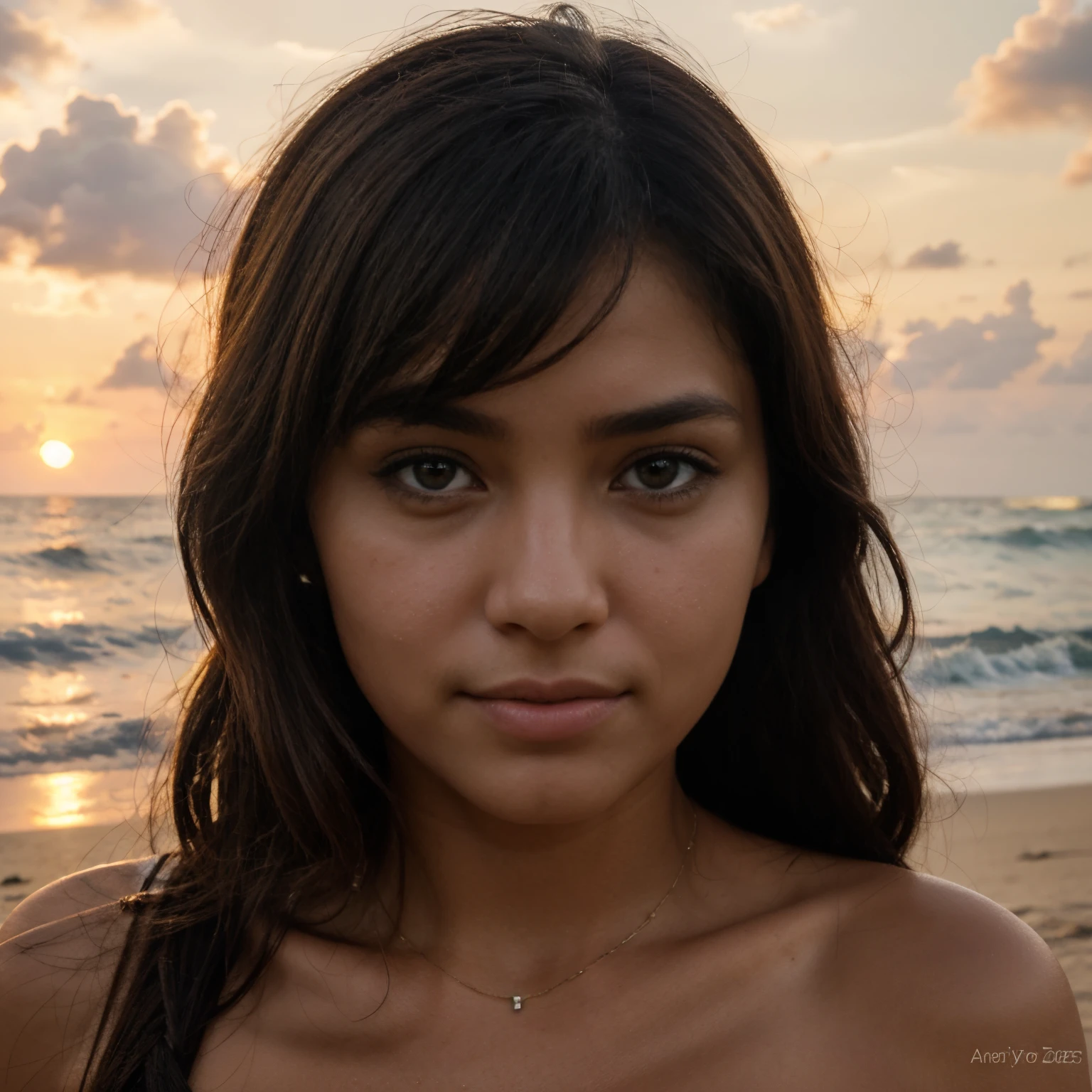 foto realista, melhor qualidade possivel.
random ethnicity close-up on face of beautiful young woman watching the sunset on a paradisiacal beach