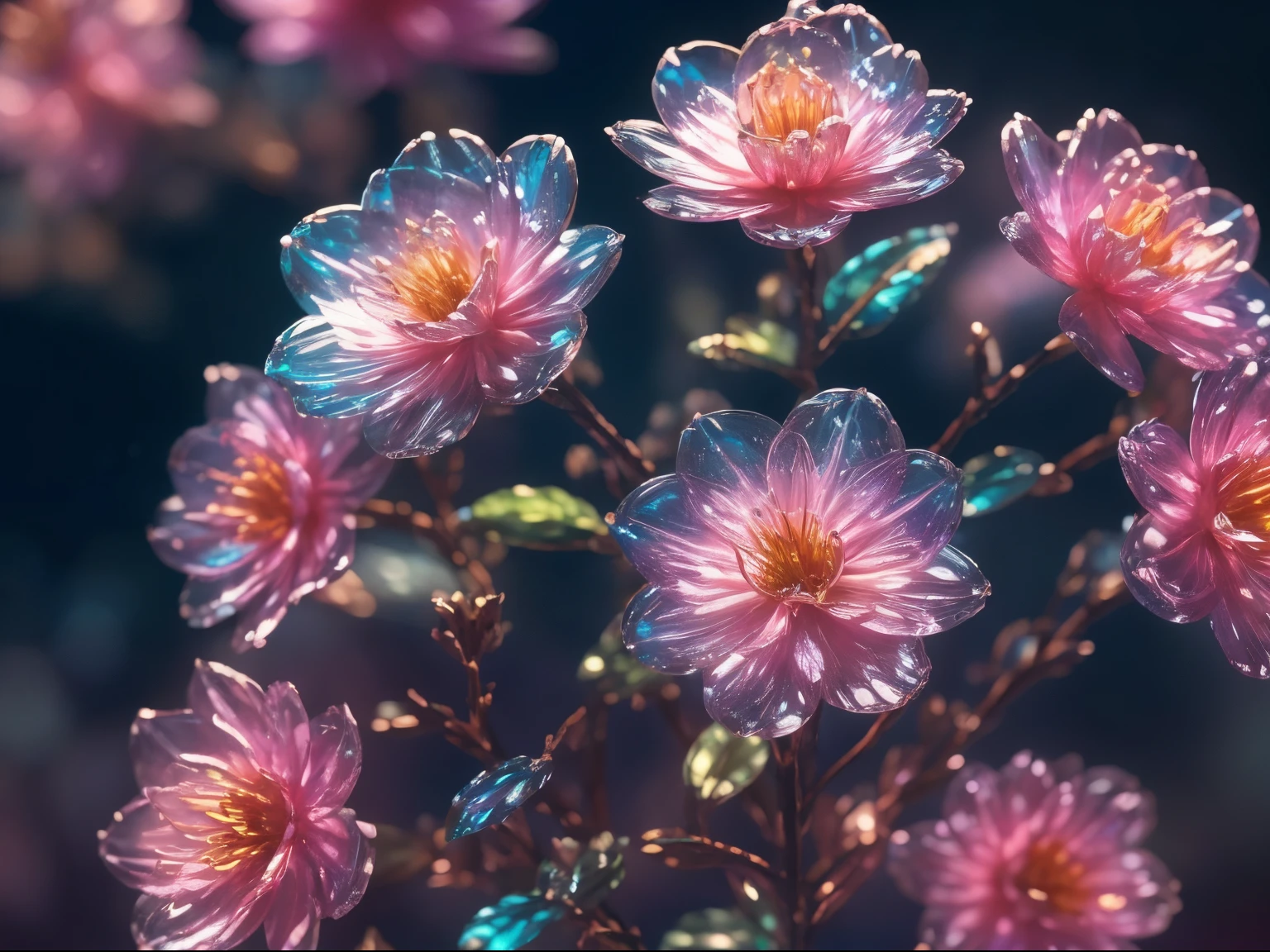 crystal spring blossom,
fantasy, galaxy, transparent, 
shimmering, sparkling, splendid, colorful, 
magical photography, dramatic lighting, photo realism, ultra-detailed, 4k, Depth of field, High-resolution