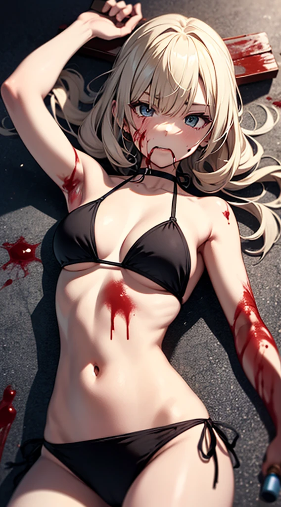 Anime girl wears a black string bikini...........,The body was stained with blood...........,Blood stains on the body..........,[[Blood]],Blood was flowing from her mouth and there was a wound on her abdomen......