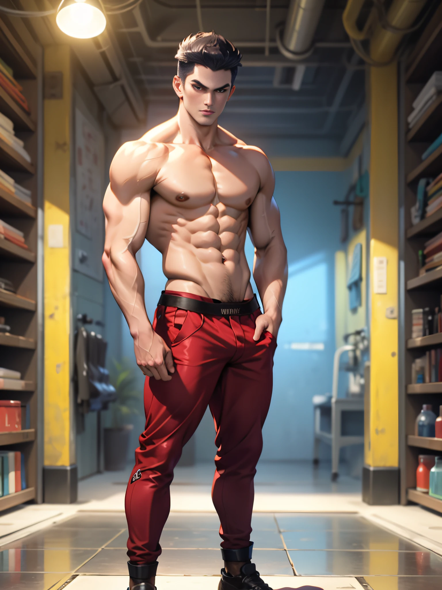 tmasterpiece, Best quality at best, the face, Natural eyes, 1人, Alone, , Full body lesbian, large bulge, legs long, view the viewer, Brave, Muscular,Raised sexy,Mature men, Short hair details, red eyes, Shirtless, Bare-chested, Open the chest, Eight-pack abs, sexy for,(tmasterpiece, Best quality at best), 1人, Muscular, Short hair details, with brown eye, 复杂, (dress room), Full body lesbian, vivd colour,(depth of fields:1.2),(Abs),looking at viewert,malefocus,crotch bulging,crotch bulging,pantiess,muscle men,UHD resolution,top-quality,Stand sideways