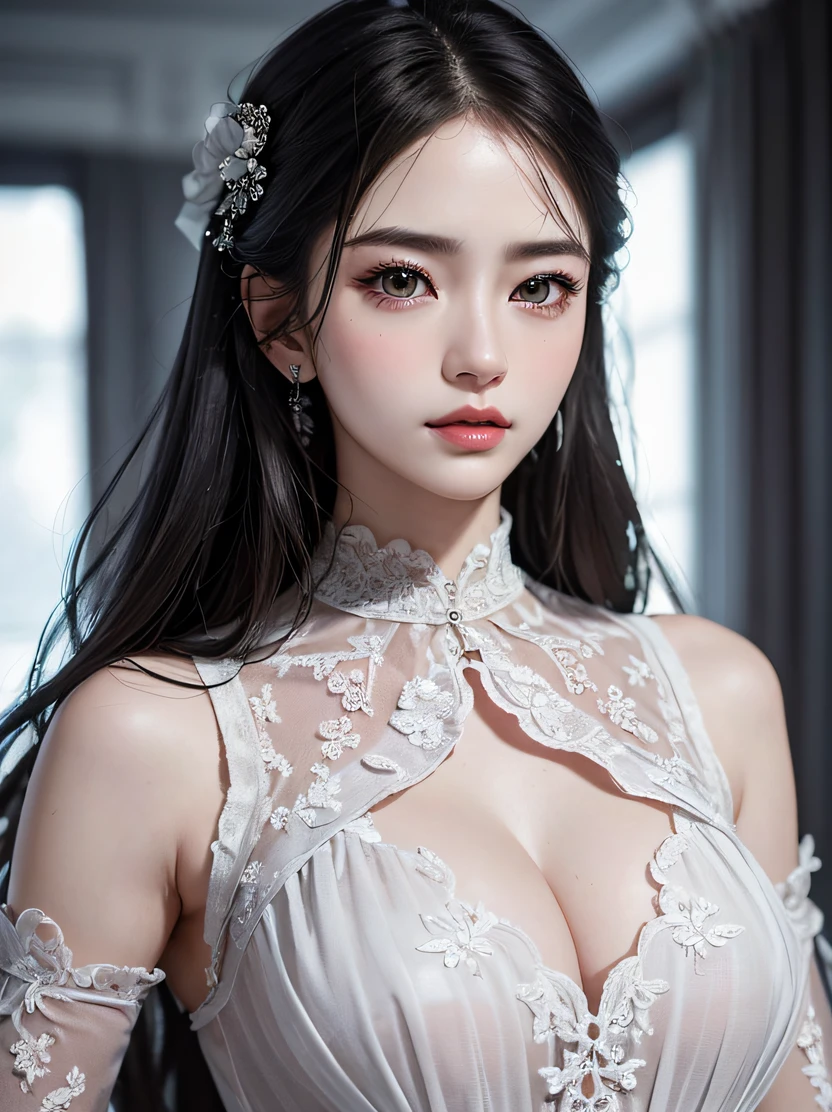 (top-quality、masterpiece、ultra-detailliert、hight resolution、realisitic、Photorealsitic、Extremely delicate and beautiful、amazing fine details、The best illustrations、Dramatic Lighting、foco nítido)、Stunning portrait of a beautiful woman、3/5 shots、(real picture、Intricate details、depth of fields)、High-neck clothes、Parted Lip、ighly detailed、Perfect face、Perfect body、Detailed hand depiction、Large models、Mature Woman、tall、Long legs、Natural background bokeh、CYB Dresses、Graceful pose