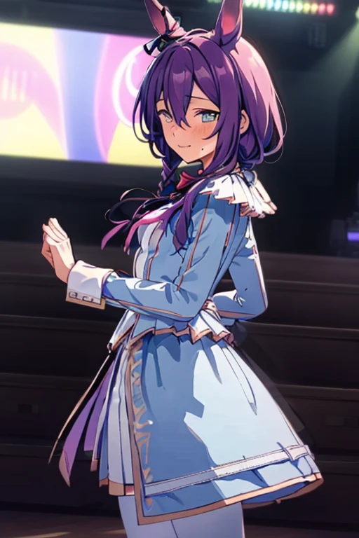 long hair, mole under mouth, purple hair, single braid, hair between eyes, teal eyes, sharp teeth, ahoge, blush, smile, cowboy shot, best quality,masterpiece, high res,original, beautiful detailed eyes,ultra-detailed, (Snowy_Integrity), horse ears, long sleeves, bow, bow tie, white thighhighs, white footwear, dress, white jacket, white skirt, pleated skirt, knee boots, 1girl, solo, looking at viewer, breasts, indoors, on stage, stage light, spot light,