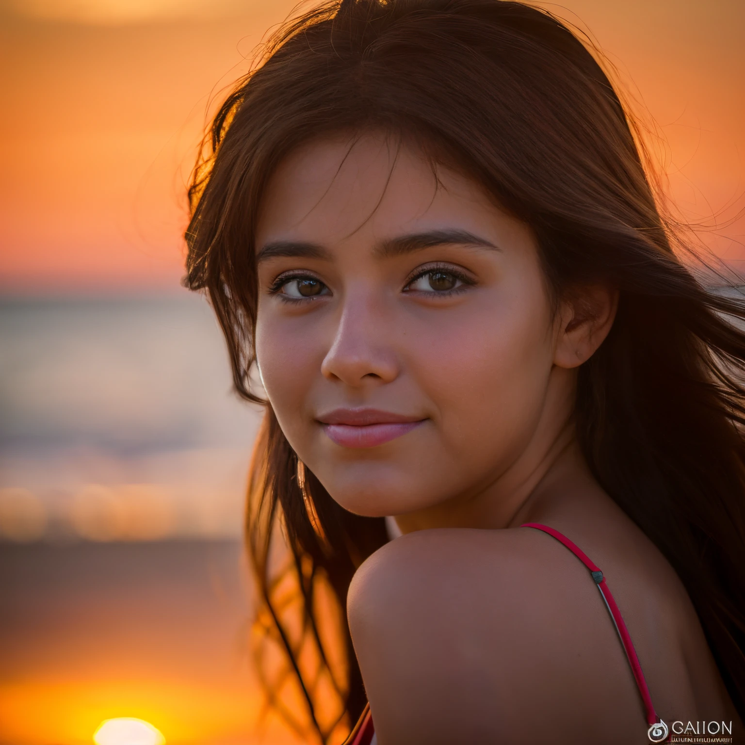 foto realista, melhor qualidade possivel.
random ethnicity close-up on face of beautiful young woman watching the sunset on a paradisiacal beach