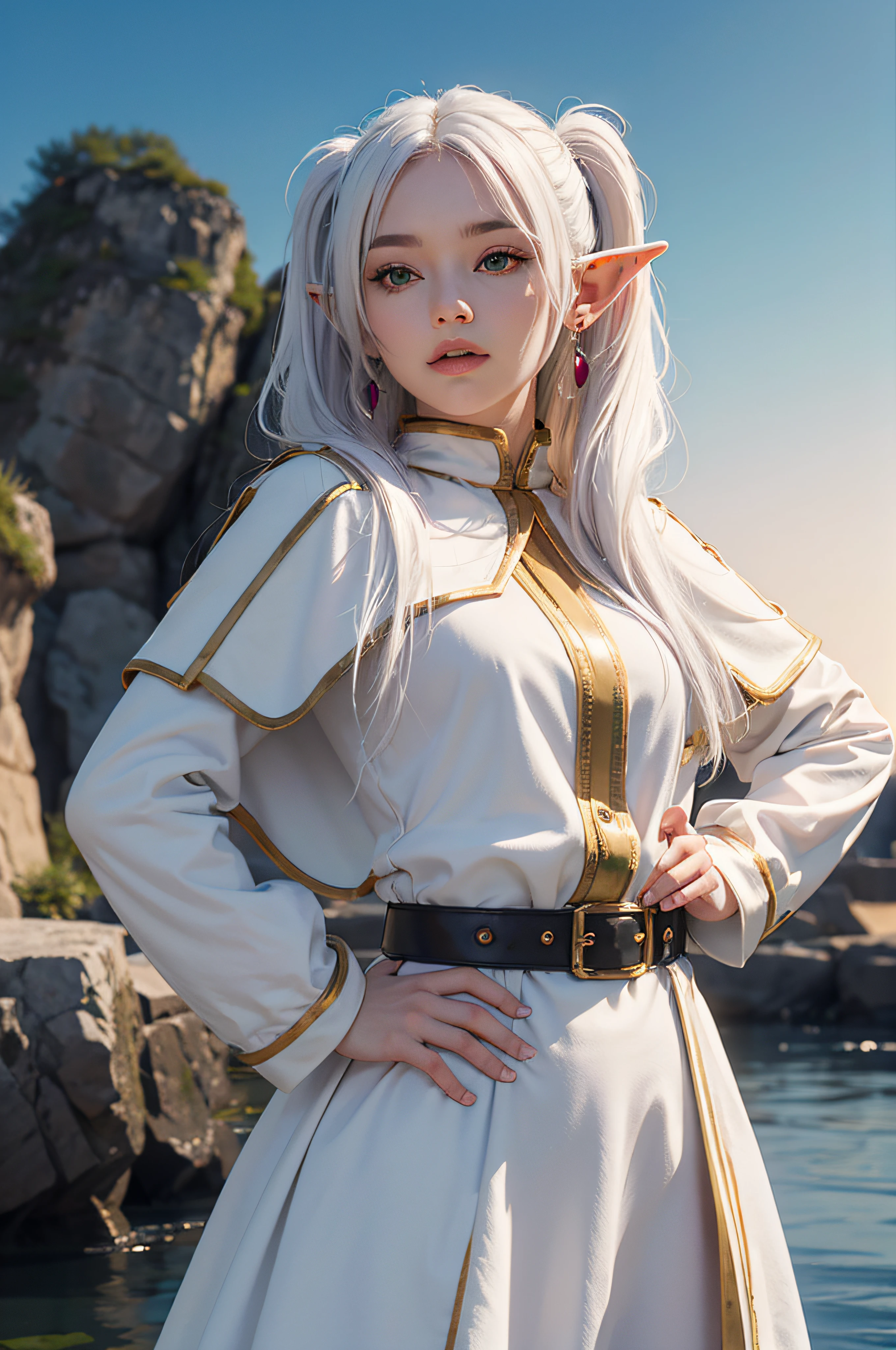 (maximum quality image, masterpiece), detailed landscape,(((white hair))), detailed beautiful green eyes,  tranquil lake (reflecting the vibrant sky at dusk),nuances of colors,quiet, frieren, 1girl, long hair, pointy ears, twintails, jewelry, elf, earrings, capelet, white capelet, long sleeves, parted bangs, dress, belt, flower, small breasts, wide hips, from below, hands behind hips