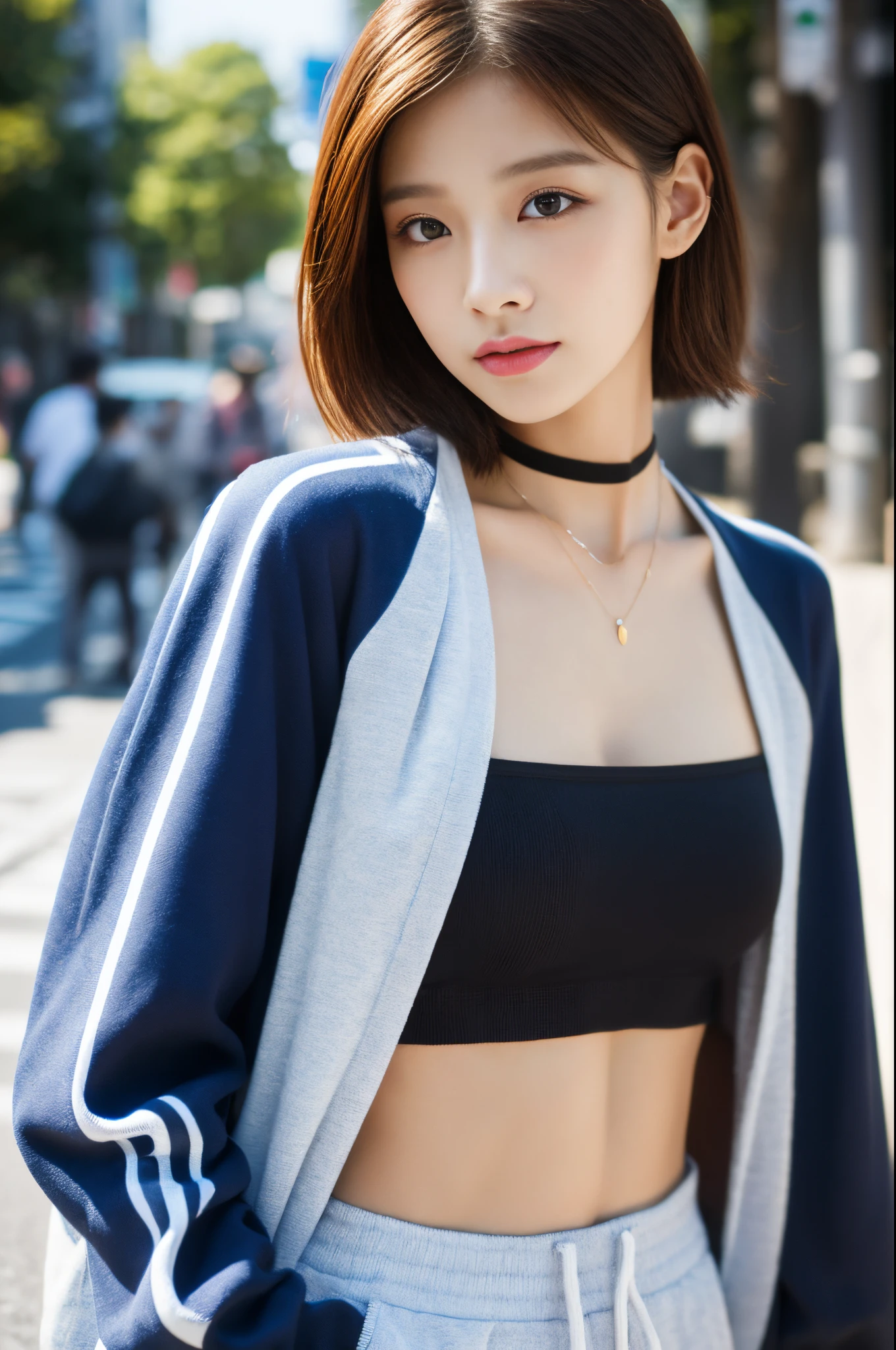 Best Quality Detail:1.2, realisitic, 8K UHD, hight resolution, 1girl in:1.2, The ultra-detailliert, High quality textures, intricate detailes, detaileds, Very detailed CG, High quality shadows, Detail Beautiful delicate face, Detail Beautiful delicate eyes, depth of fields, Ray traching, in her 20s, Pretty Kpop Girl, Korean Urzan Face:1.1, Slender face, ulzzang -6500-v1.1:0.6, pureerosface_v1, gloweyes, teak, Glossy lips, perfectbody, a choker、Brown hair、poneyTail:1.1, Street, Particle, look at viewr, Photorealsitic:1.4, ultra-detailliert, photos realistic, 4K 8K UHD Full Color RAW Photos, Fuji Film(Medium format:1.2), Hasselblad:1.2, Carl zeiss:1.1, Incredible dynamic range photography(UTIL_Art by Smoose-768:1.1), hight resolution, High pixel count, clear details, crisp image, Natural color reproduction, Noise Reduction, High fidelity, qulity, Software Improvements, Upscaling, Optimized algorithms, Pro-level retouching、((Shibuya, tokyo prefecture))、((Fashionable clothes with a very high design))、Casual Tracksuit: Sporty and casual tracksuit、Fashionable style