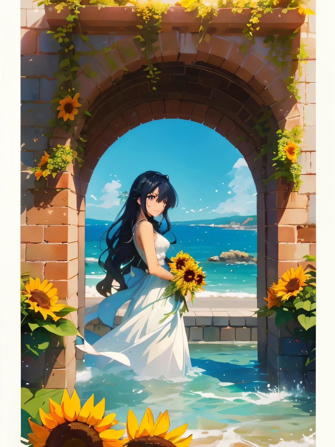 Cartoon hermaphrodite in white dress with sunflower in front of stone arch, Beautiful sunflower anime hermaphrodite, Altogerm and Asay Gailan, Beautiful anime scene, Anime beautiful peace scene, Beautiful anime, Beautiful anime artwork, Gwaite inspired artwork,. Studio Gribley Makoto Shinkai, Gwaith, beautiful anime art, official artwork Brick wall facing beach, water wall on both sides, secret entrance, sea view, sea view, overlooking horizon, sea view, near sea, overlooking sea, iphone capture, distant view, entrance to hell, next to sea Anime bisexual child in white dress with bouquet of sunflowers, Beautiful sunflower anime girl, anime art, anime art style, beautiful anime art style, clean anime, high quality anime art style, beautiful anime art, anime illustration, beautiful Anime Artwork, Anime Art Style, Beautiful Anime Style,. Anime Wallpaper, Anime Art Wallpaper 8k, Anime Moe Art Style, Anime style hermaphrodite, frontage, black hair Inner Color Blue, long wavy hair, emerald eyes, beautiful eyes, silly smile, beautiful white dress, holding a bouquet of sunflowers and lilies in each hand, blue sky, facing white clouds Brick walls are there . , sunny, smoking and smiling, with a wall of water on both sides. , secret entrance, sea view, sea view, sea view, horizon view, sea view, near sea, overlooking sea, iphone capture, looking from a distance, gate to hell, gate to hell