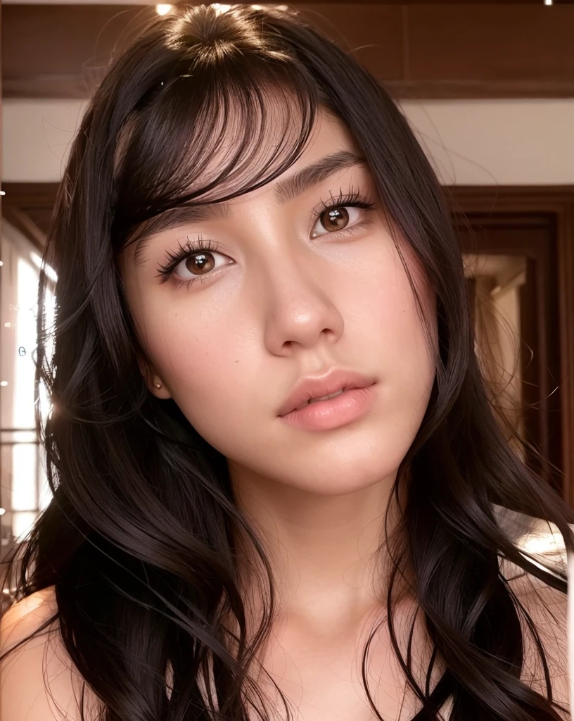 there is a woman with long hair and a black top, cindy avelino, hybrid of gal gadot, gemma chen, thick bushy straight eyebrows, with high cheekbones, leaked image, clean perfect symmetrical face, 1 8 yo, leaked photo, relaxed eyebrows, jaw-dropping beauty, she has a glow coming from her, south east asian with round face