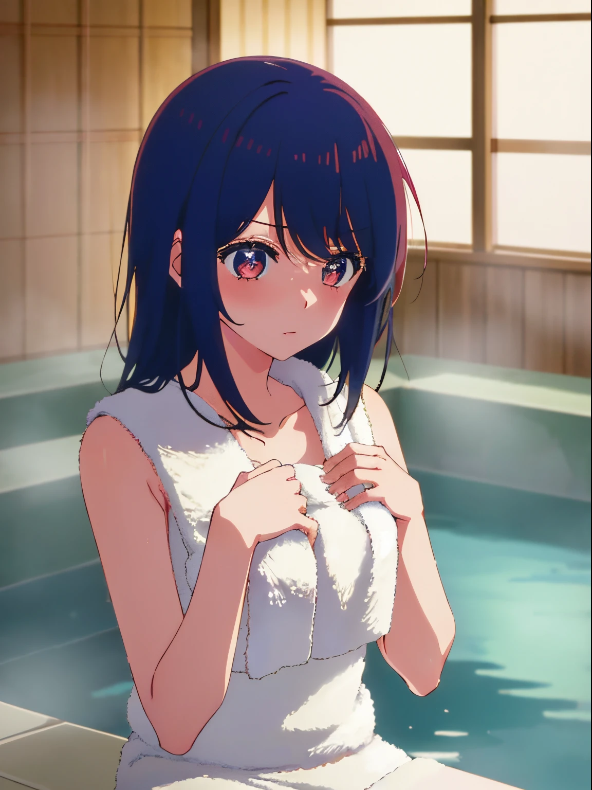 beautiful  lighting, 1girl in, 独奏, Ai Hoshino,  ((anime styled))、((2D))、be shy、(hot onsen)、(Bath towel on naked)、a closeup、Ashamed、Hide the chest with your hands