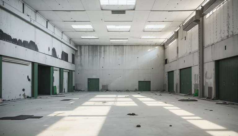 Large sprawling concrete Indoor combat room scorch marks on ground dim lighting