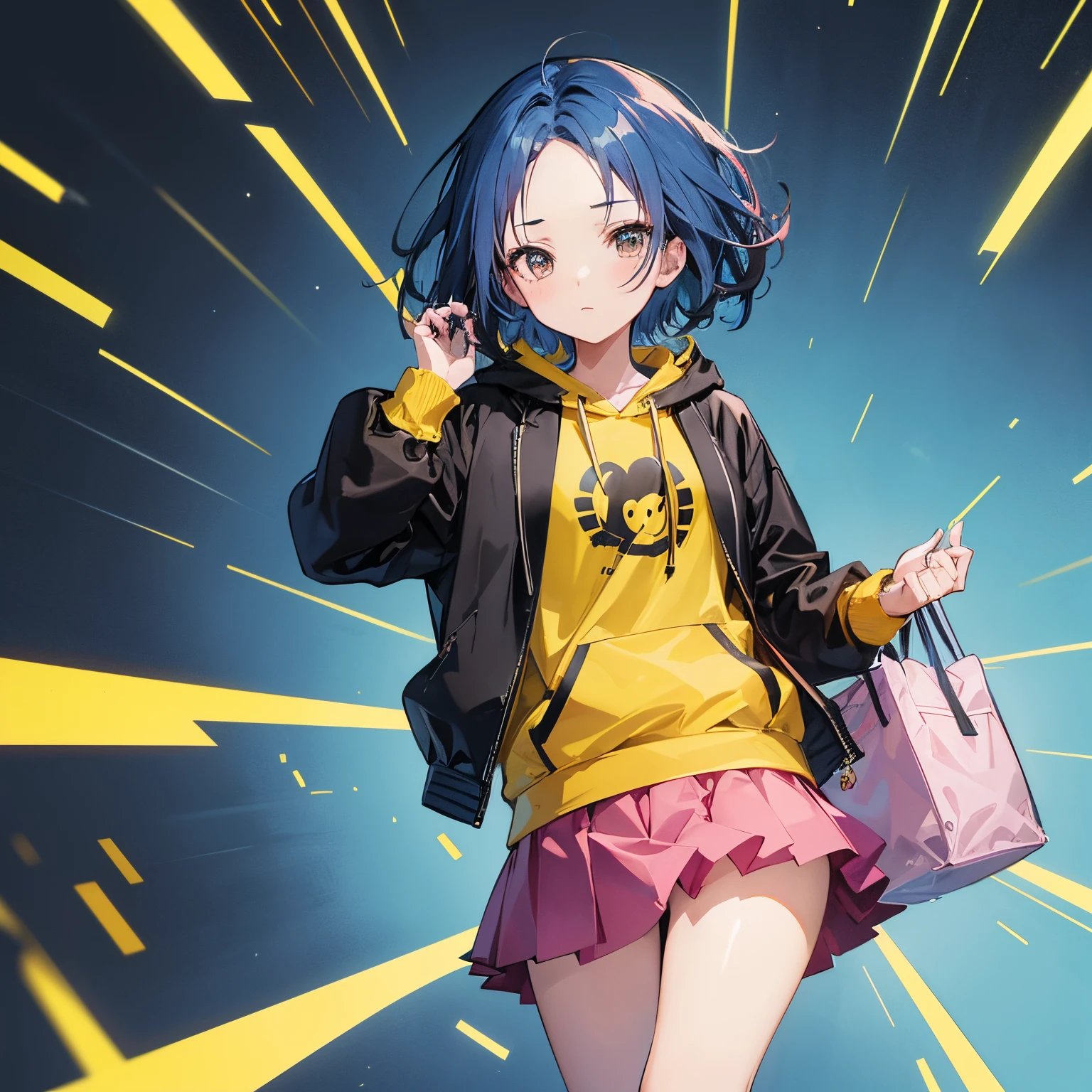 Anime, ((best quality)),18 years old girl, solo, brown eyes, blue hairs, wavy parted hair, (show forehead), short hair, black jacket, Pink mini skirt, Yellow hoodie, Boston bag carried diagonally, simple background