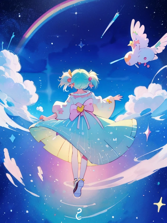 ((Best quality1.2))、((Masterpiece 1.2))、watercolor paiting、((Fashionable clothes))、white colors((rainbow-colored hair))、blue eyess、crystal earrings、tchibi、Twin-tailed、elvish、kawaii、stele、magia((Best quality1.2))、((Masterpiece 1.2))、watercolor paiting、((Fashionable clothes))、white colors((rainbow-colored hair)) Chibi、Mini、Lori、Mini,Chiquita、dreamer、Chibichara、Potato、kirakira、fluffly、cute little、Super Cute、silber hair、blue eyess、crystal earrings、effect、cute little、Idol Costumes、magical girl costume,Music Background、masterpiece、Top image quality、top-quality、PastelColors:1.5)、(Cute illustration:1.5)、(watercolor paiting:1.2)、Light blue background、girl with、full body Esbian、marble、colourfull、jello、Jelly Girl、Dreams、nighttime scene、happiness in dreams、Dressed in a dress、1girl in、shooting stars、Fantastical、Lots of stars、Stars hanging from the ceiling、tmasterpiece, hightquality, cinematic Film still from, one girls,the night,starrysky, floating in sky, Cloud Girl, Clouds, brightened, Colorful, glinting,full body Esbian,long skirt,Long Blue Dress,Beautiful detailed eyes, ultradetailed eyes、Glitter eyes,from the rear、Colorful starry sky,Stars,Iridescent aura around the eyes、Iridescent eyes、Narrowed eyes sucked in,Wearing a rainbow-colored aura from the whole body、 perfectbody,elvish、Twin tail hair、Sparkling eyes、high-level image quality,ren,cute little、fluffly