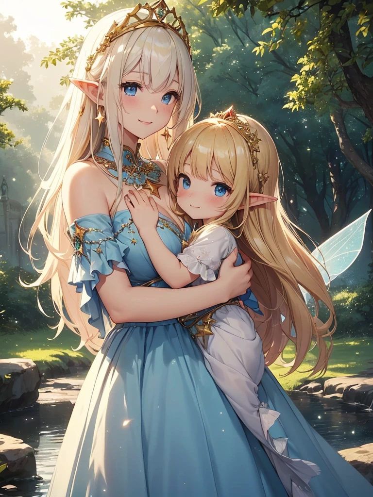 top-quality、Top image quality、masterpiece、The season is autumn、girl with((20yr old、Best Bust、big bast、Bust 90,Beautiful blue eyes、,Blonde long hair、A slender、Fairy feathers、In beautiful dresses of various colors、good mother and child、older sister、junior、a closeup、is standing、Gold ring on wrist、beautiful tiara、hiquality、Beautiful Art、Background with((starrysky)))masutepiece、visualart、depth of fields、sky at night、、 、low angles、A sexy、Elven ears、Feathers glow in iridescent colors、light magic、in beautiful woods、Big trees、mid night、Flute melodies🎵、Fun Concerts、Happy smile、Gentle light、fairy palace