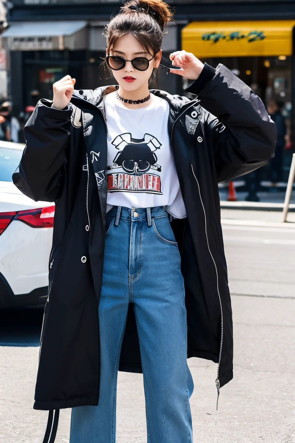 Street style，intimidating pose，Stylish clothes，animate　frying hands