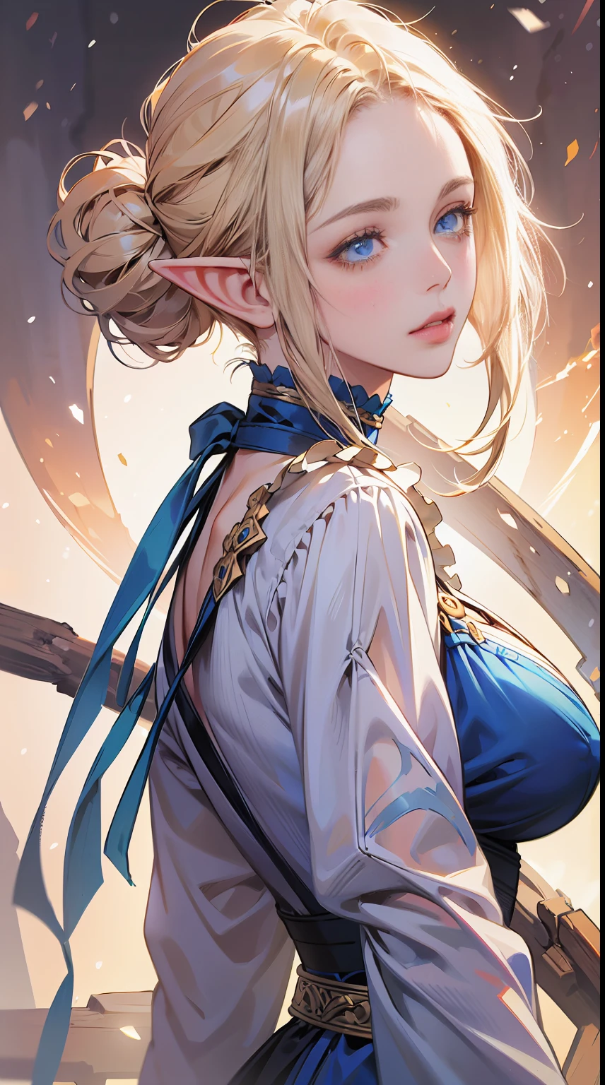A elf woman with a gentle heart, still strong in the midst of war. highly detailed, digital painting, artstation, concept art, smooth, sharp focus, illustration. BREAK. (1elf girl), (asymmetrical bangs:1.3), TopKnot hair, short hair, highly detailed face and eyes, Perfect lips, (white blonde hair, Deep Blue Eyes:1.2), perfect body, big breast. By Yusuke Murata
