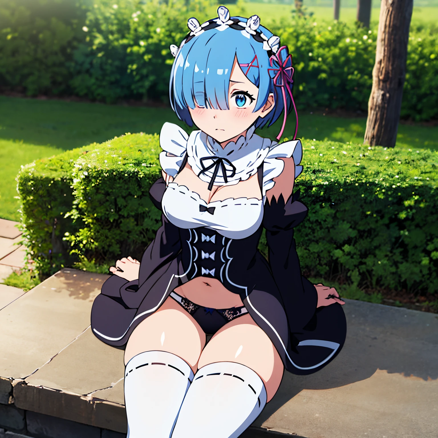 rem \(re:zero\), alone, 1 girl, only blue hair, short hair, hair over one eye, headband, blue eyes, big breasts, wide thighs, medium hips, white stockings, maid, outdoors, sitting, showing panties, black panties, embarrassed,