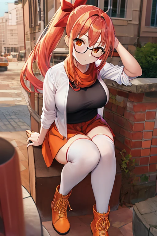 A girl with long pink hair, a side ponytail, orange eyes, big breasts, wearing casual clothes, including a white shirt, a red skirt, a hair bow, glasses, an orange scarf, wearing thighhighs and boots. (best quality, full body)