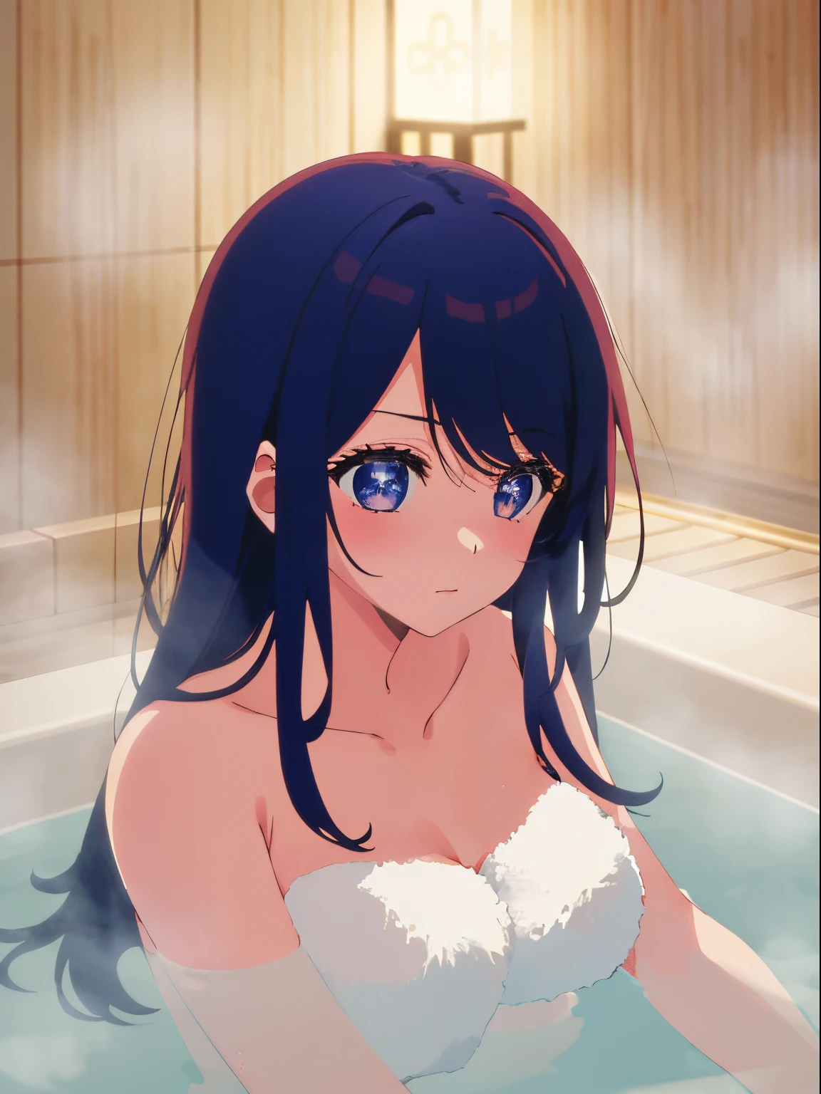 (((Ai Hoshino))), (((Floating on water))), ((barechested)), Angle from directly above, The highest image quality, hightquality, high detailing, 超A high resolution, 8K resolution, depth of fields, Cinematography, intricate detailes, Elaborate, meticulous, Magnificent, Maximum Detail, Extreme beauty
