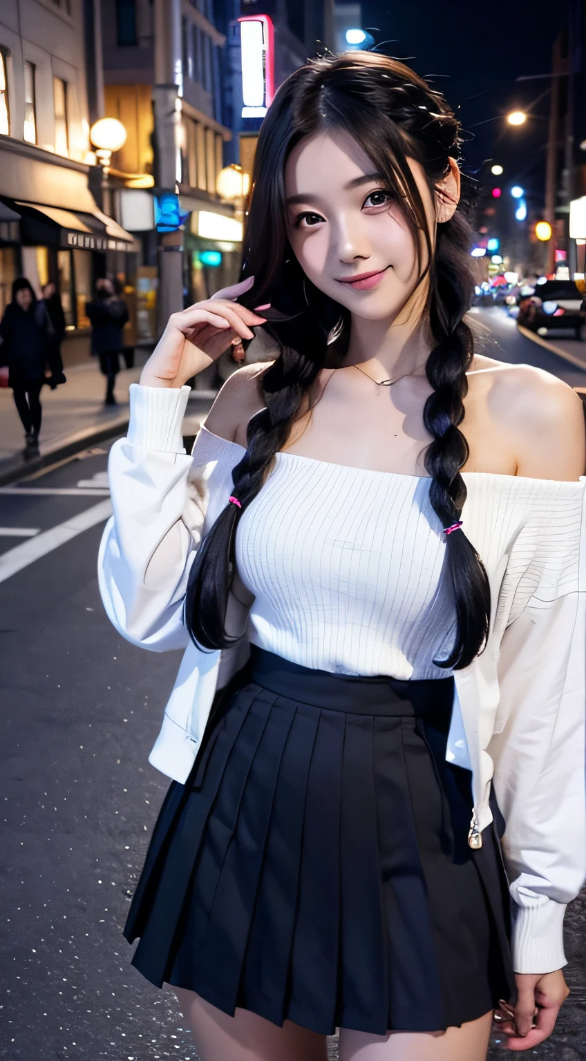 1girl in, Black_Skirt, Blue_hair, building, city, cityscape, hair_Bland_Eyes, Jacket, up looking_で_viewer, Medium_hair, Multicolored_hair, multiple_Boys, Night, Off_Shoulder, Outdoors, pleed_Skirt, mountain road, Shirt, Skirt, Skyscraper, Smile, Solo_Focus, Street, white_Shirt