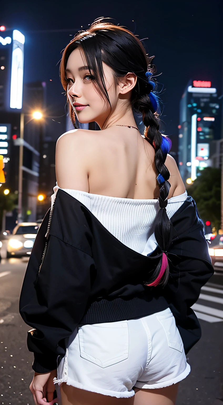 1girl in, Black_Hot Pants, Blue_hair, building, city, Cityscape, hair_Bland_Eyes, Jacket, up looking_で_viewer, Medium_hair, Multicolored_hair, multiple_Boys, Night, Off_Shoulder, Outdoors, Black Hot Pants, mountain road, Shirt, Hot Pants, Skyscraper, Smile, Solo_Focus, Street, white_Shirt、Black Hot Pants、Curly hair in braids、view from back、