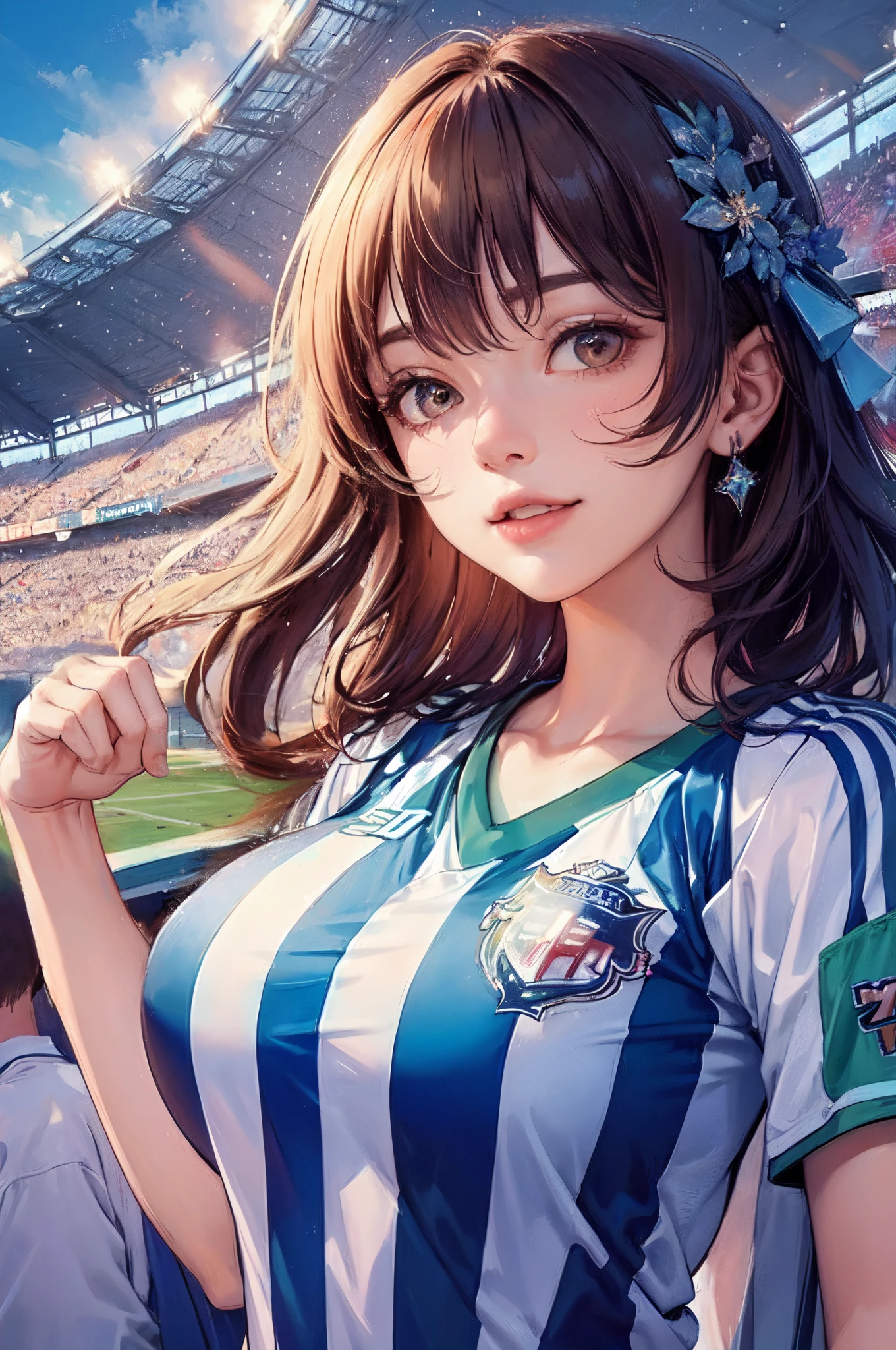1lady solo, watching football game, facing away, mature female, /(football shirt pleated skirt/), /(brown hair/) bangs, happy expression,  (masterpiece best quality:1.2) ultra-detailed, large breasts BREAK /(football stadium indoors/), audience