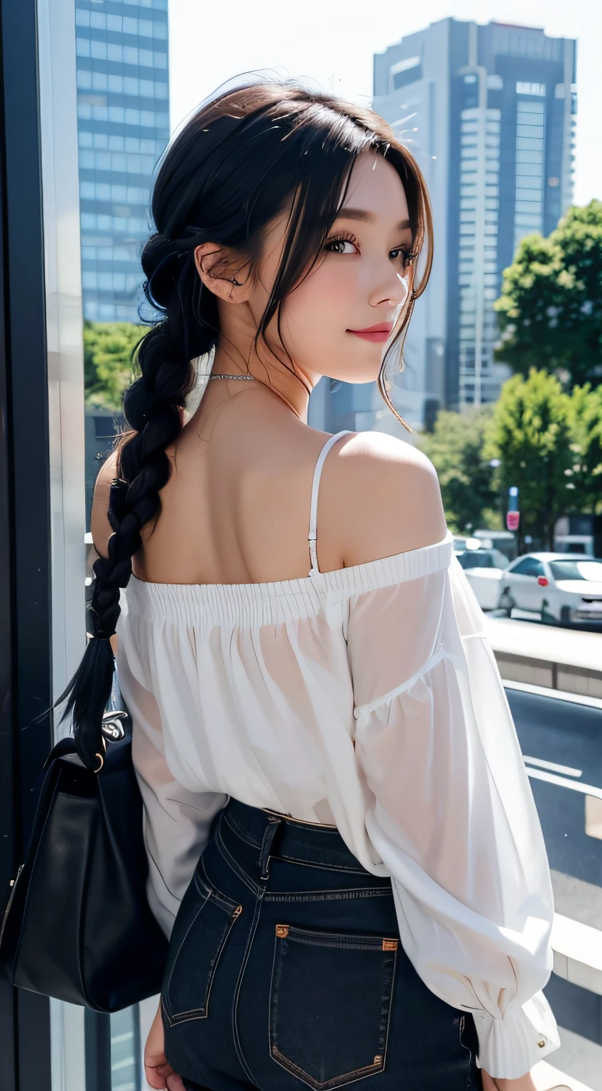 1girl in, Black_Hot Pants, Blue_hair, building, city, Cityscape, hair_Bland_Eyes, Jacket, up looking_で_viewer, Medium_hair, Multicolored_hair, multiple_Boys, Night, Off_Shoulder, Outdoors, Black Hot Pants, mountain road, Shirt, Hot Pants, Skyscraper, Smile, Solo_Focus, Street, white_Shirt、Black Hot Pants、Curly hair in braids、view from back、