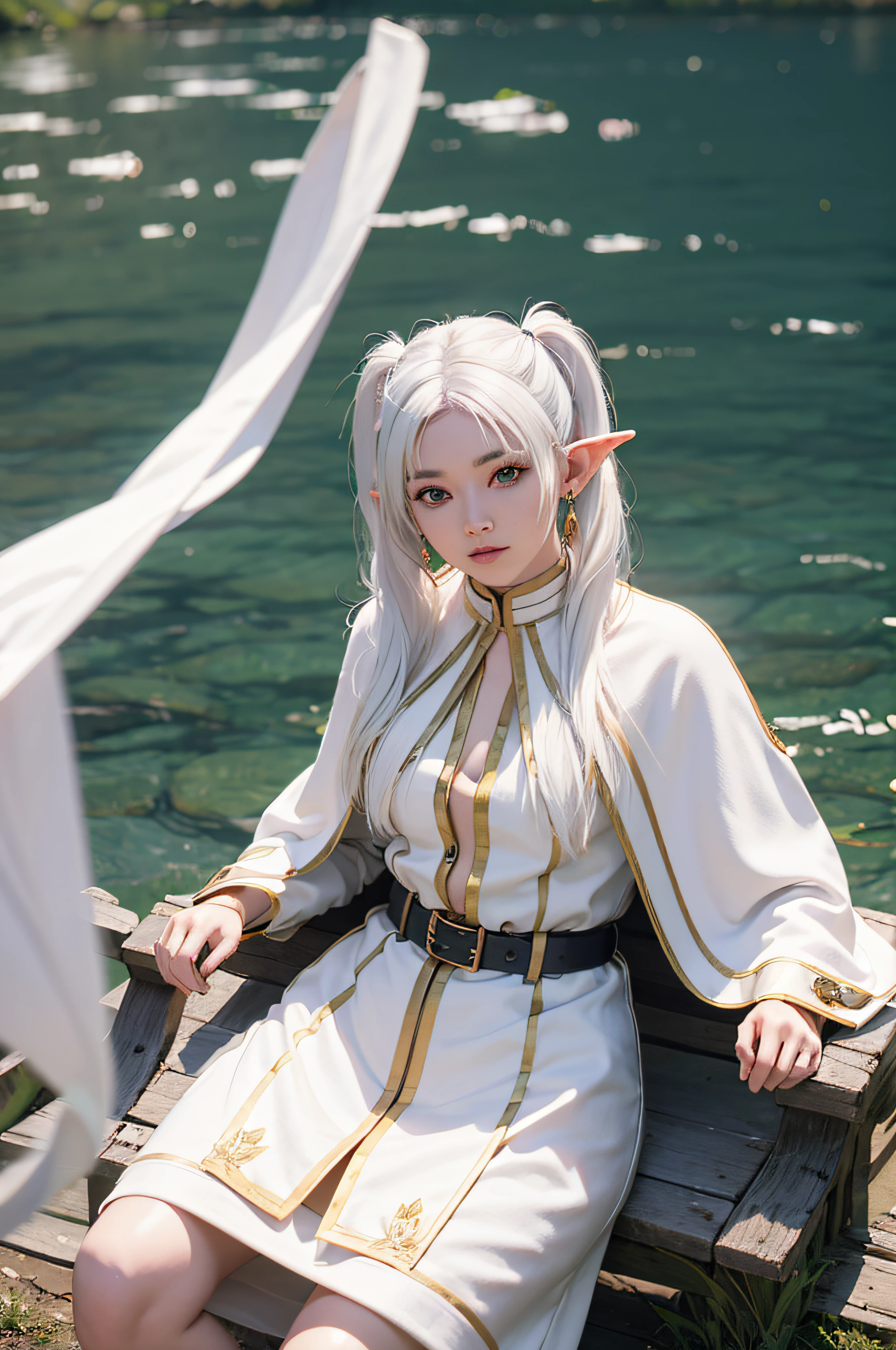 (maximum quality image, masterpiece), detailed landscape,(((white hair))), detailed beautiful green eyes,  tranquil lake (reflecting the vibrant sky at dusk),nuances of colors,quiet, frieren, 1girl, long hair, pointy ears, twintails, jewelry, elf, earrings, capelet, white capelet, long sleeves, parted bangs, dress, belt, flower, small breasts, wide hips, look at view, hide hands, close mount,