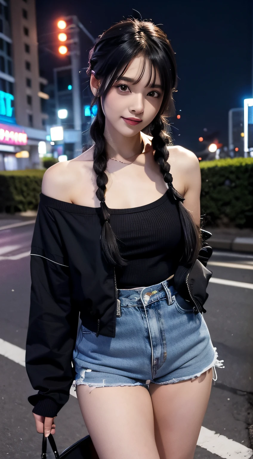 1girl in, Black_Hot Pants, Blue_hair, building, city, Cityscape, hair_Bland_Eyes, Jacket, up looking_で_viewer, Medium_hair, Multicolored_hair, multiple_Boys, Night, Off_Shoulder, Outdoors, Black Hot Pants, mountain road, Shirt, Hot Pants, Skyscraper, Smile, Solo_Focus, Street, white_Shirt、Black Hot Pants、Curly hair in braids、