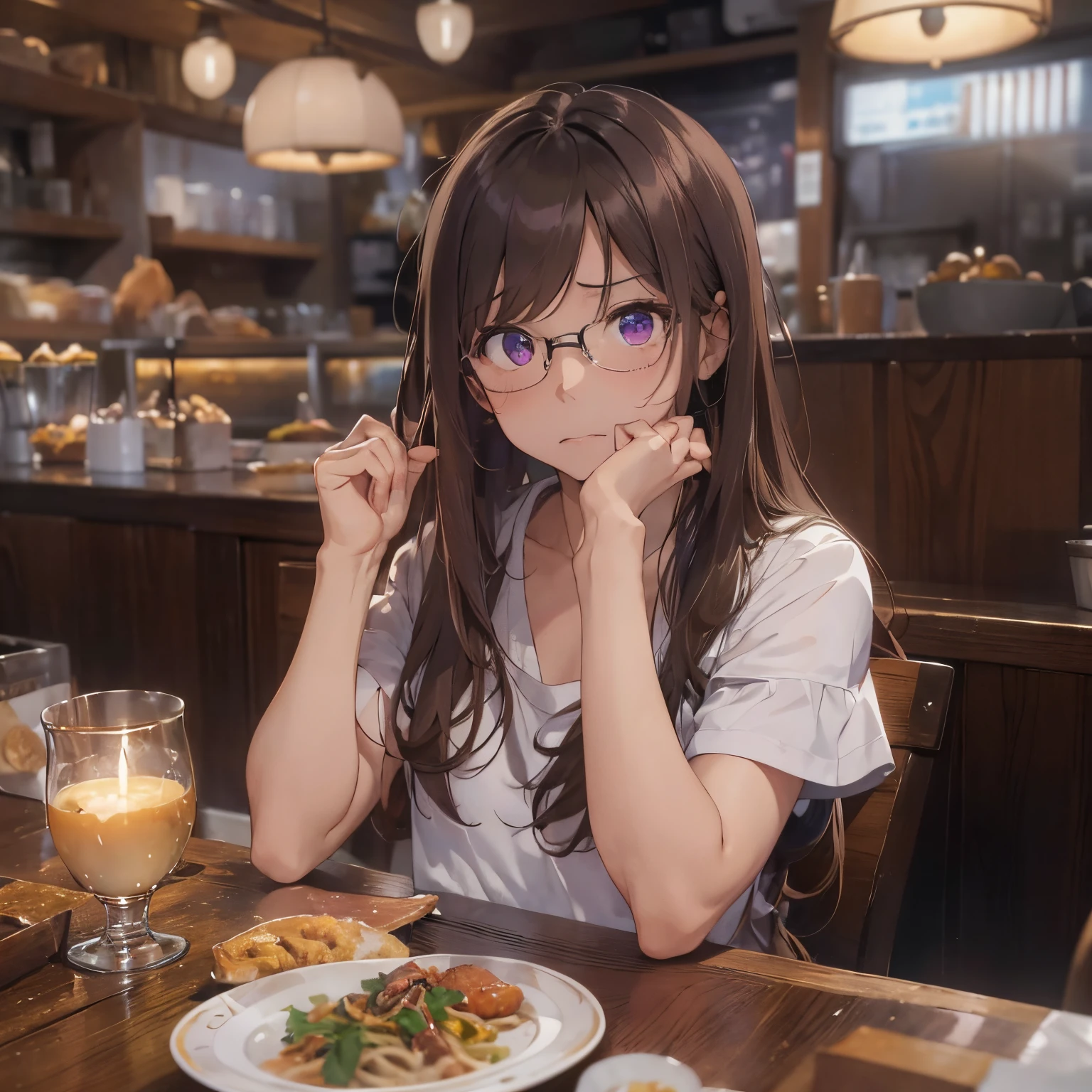 masterpiece、top-quality、(brown colored long hair、I have bangs:1.1)、25 year old woman with purple eyes、wears glasses、Wears a white shirt、sitting on(flat breast:1.1)、(A shy and glaring expression:1.3)、(Staring:1.5)、(Close-up of the subject's face:1.3)、having a dinner、Place the camera above the subject、The background is a restaurant、Bold composition、Upper body is shown、Alone、