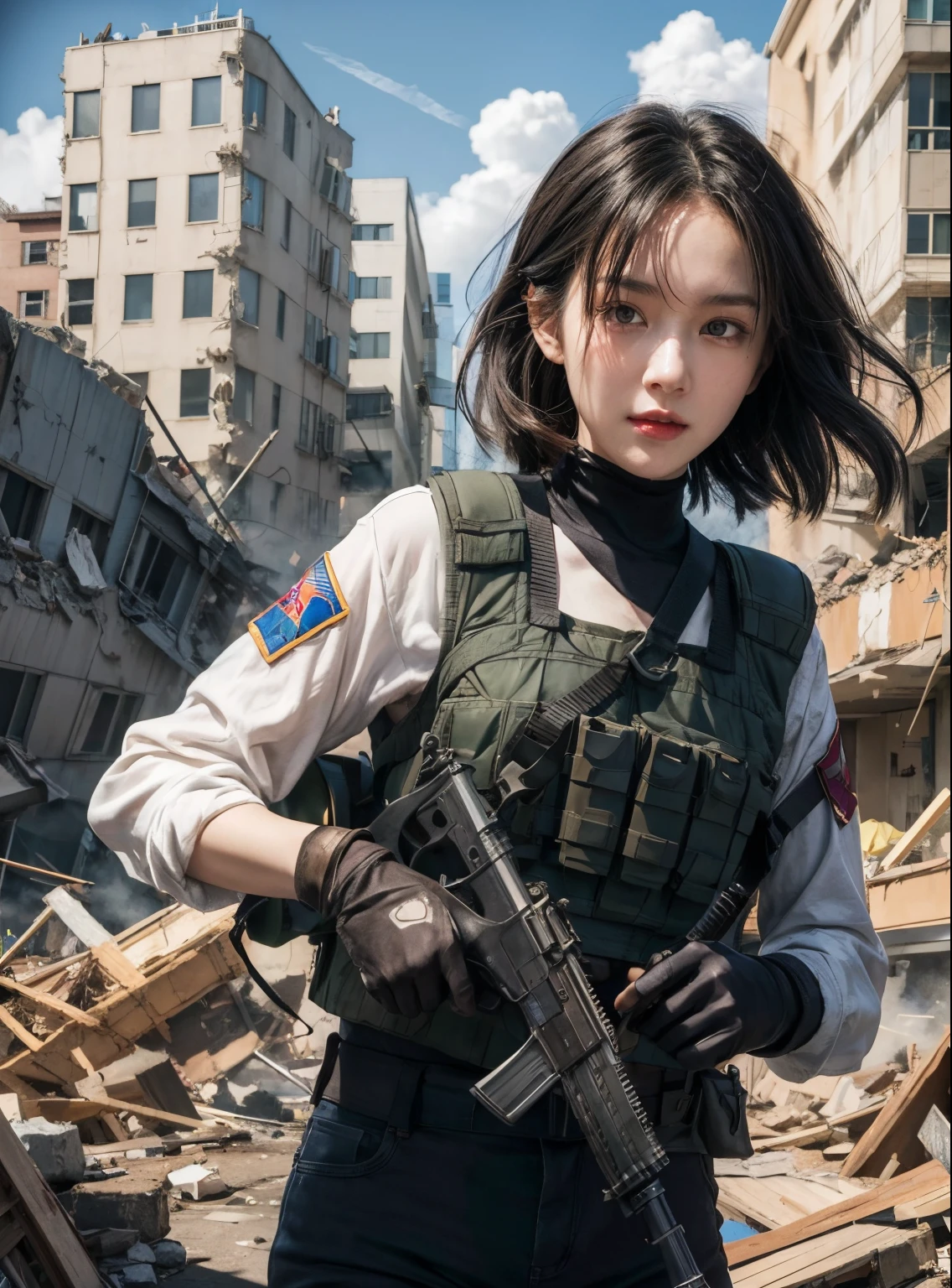 tmasterpiece,k hd,24K quality,Studio textures,Cinematic texture,photore,Anime girl holding gun in front of destroyed building in urban environment, Guviz-style artwork, Wojtekfors, guweiz on pixiv artstation, guweiz on artstation pixiv, guweiz, Mechanized female soldiers, soldier girl, Digital anime illustration, by Yanjun Cheng, author:heroes, detailed digital anime art