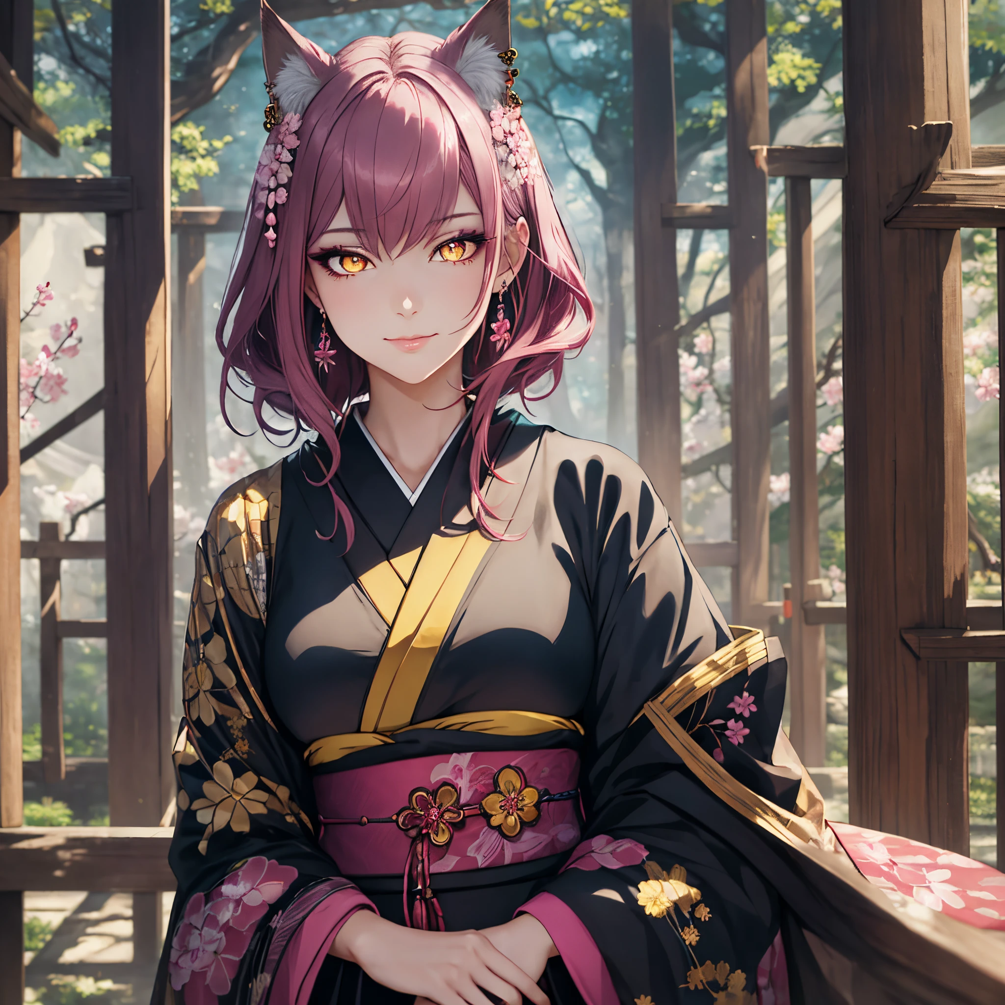 masterpiece, best quality, 1girl, teenager, teen, female focus, solo, dark pink hair, vibrant yellow eyes, looking at viewer, closed mouth, Fantasy aesthetics, fantasy earring, Highly detailed, shadowverse style, sakura background, japanese aesthetics, fox ear