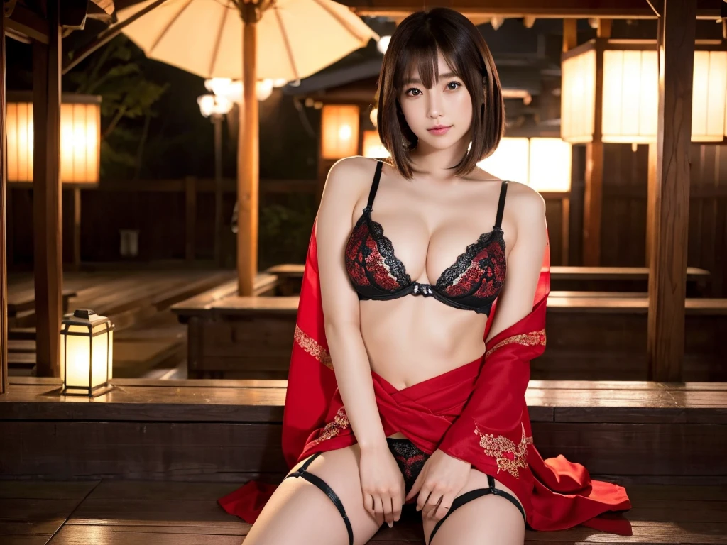 (8K、Raw photography、top-quality、masterpiece:1.2)、(realisitic、Photorealsitic:1.37)、1人、japanes、23years old、femele、during daytime、(Realistic, Photorealistic: 1.37), (Face Focus: 1.1), fullnude、Cute face, ,Sexy body,Slender eyes,dark brown hair、Long Hair Bob Cut、详细的脸、Detailed lips、detailedeyes、shrine maiden hair ornament、More skin、二重まぶた, very large breast, garments(Red kimono with sheer lace and black garter belt), Kindness, ( Stand with your legs spread, thighs thighs thighs thighs:1.2), Tiny micro bikini(Red), Movie Lighting,hot onsen、shot from a low-angle