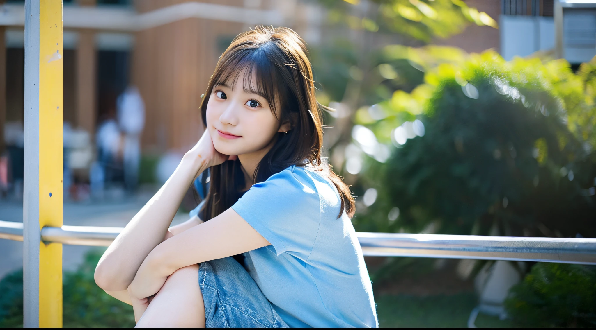Cute female college student, 18 years old, wearing a light blue miniskirt