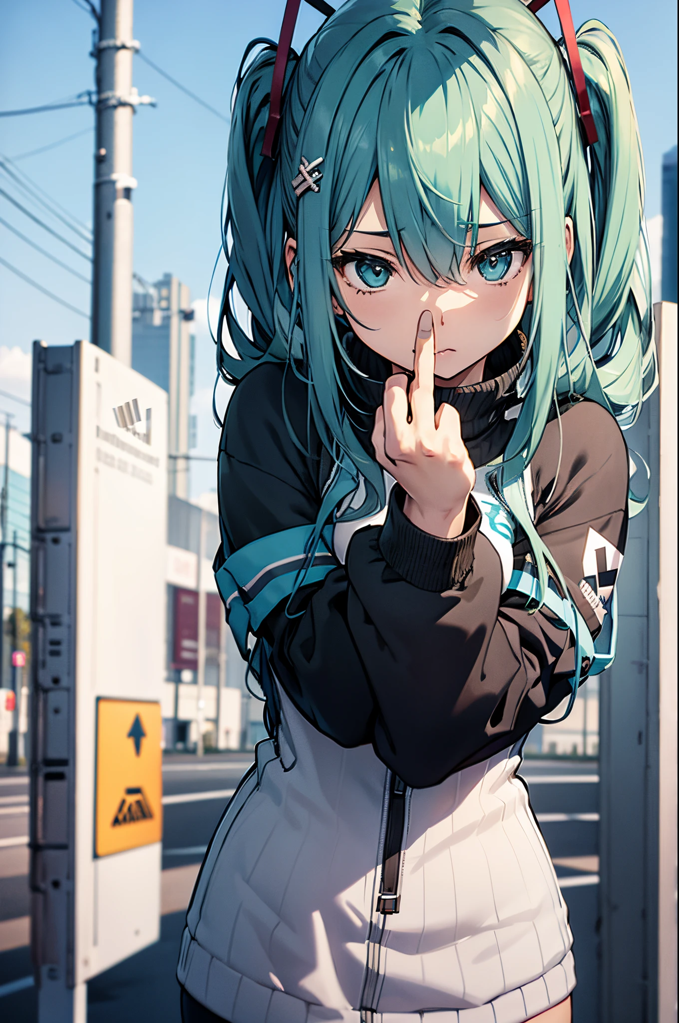 miku hatsune、Middle Finger、Adidas、frombelow、hiqcgbody, Realistic, 1girl in, scornful eyes、Drunk