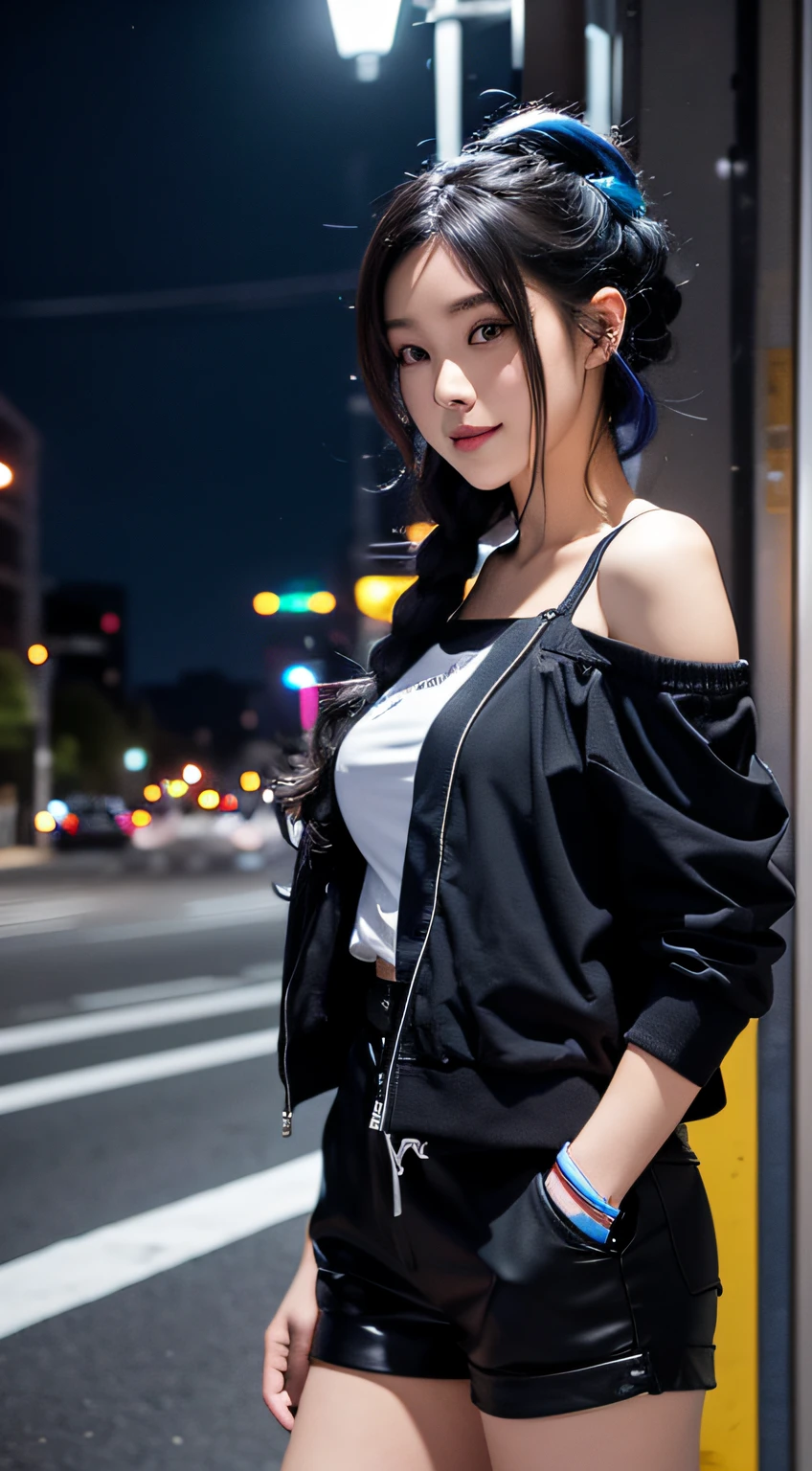 Highest image quality,Outstanding details,超高分辨率,(Fidelity:1.4),The best illustration,Favor the details,Highly cohesive 1girl,He has a delicate and beautiful face,Wear a coat,Leaning against the railing,Cocked buttocks,perfect bodies,the night,The background is rainy,Beautuful Women,No big breasts,Side Body,Hands on your back,short skirt,black lence stockings,Long hair with a shawl,Focus:1.2,best qualtiy,8K,The face is slightly red