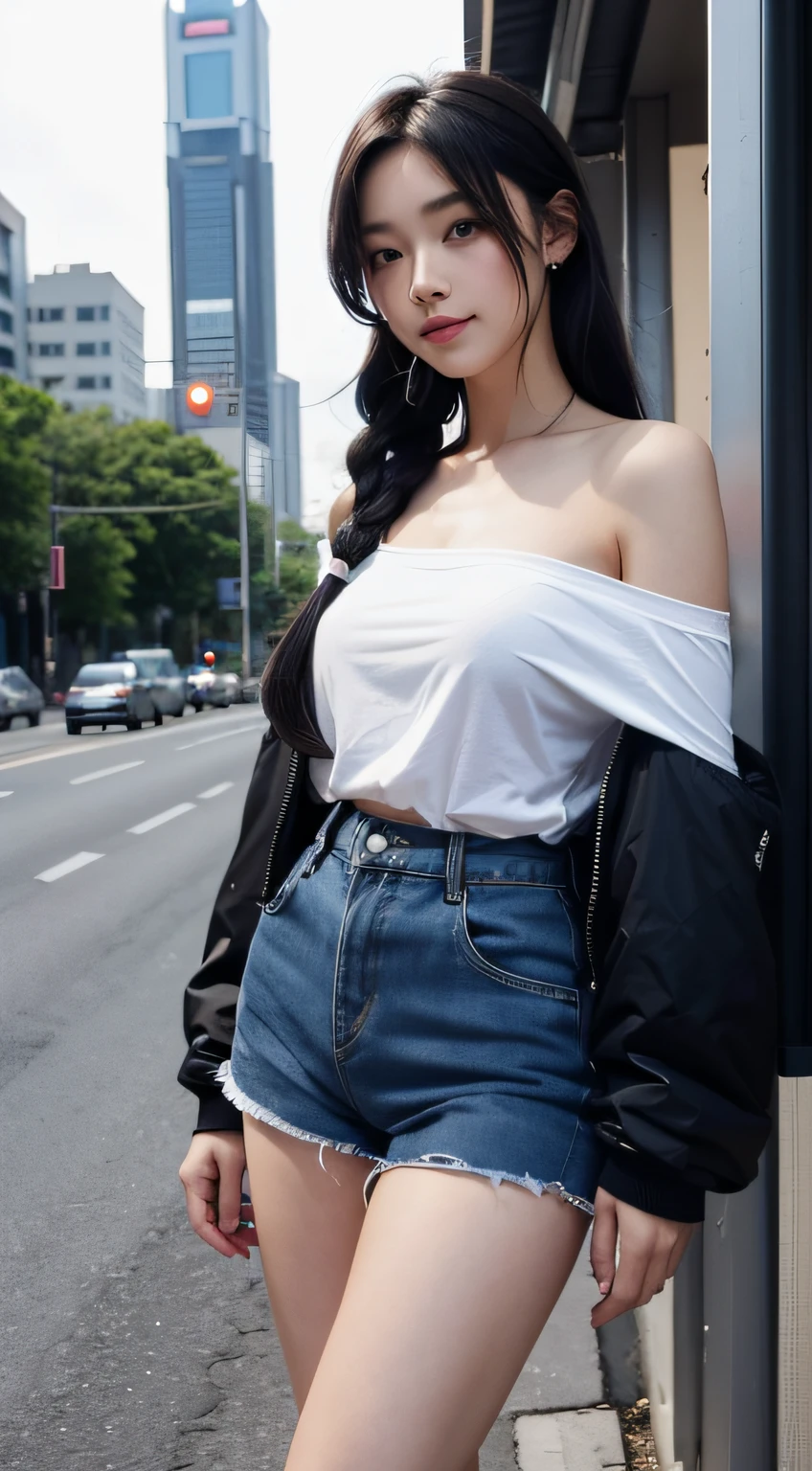 1girl in, Black_Hot pants, Blue_hair, building, city, Cityscape, hair_Bland_Eyes, Jacket, up looking_で_viewer, Medium_hair, Multicolored_hair, multiple_Boys, Night, Off_Shoulder, Outdoors, black hot pants, mountain road, Shirt, Hot pants, Skyscraper, Smile, Solo_Focus, Street, white_Shirt、Black Hot Pants、Curly hair in braids、