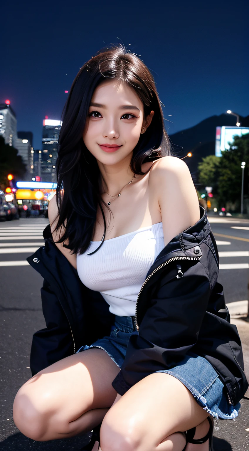 1girl in, Black_Skirt, Blue_hair, building, city, Cityscape, hair_Bland_Eyes, Jacket, up looking_で_viewer, Medium_hair, Multicolored_hair, multiple_Boys, Night, Off_Shoulder, Outdoors, pleats_Skirt, mountain road, Shirt, Skirt, Skyscraper, Smile, Solo_Focus, Street, white_Shirt、Denim hot pants、crouching