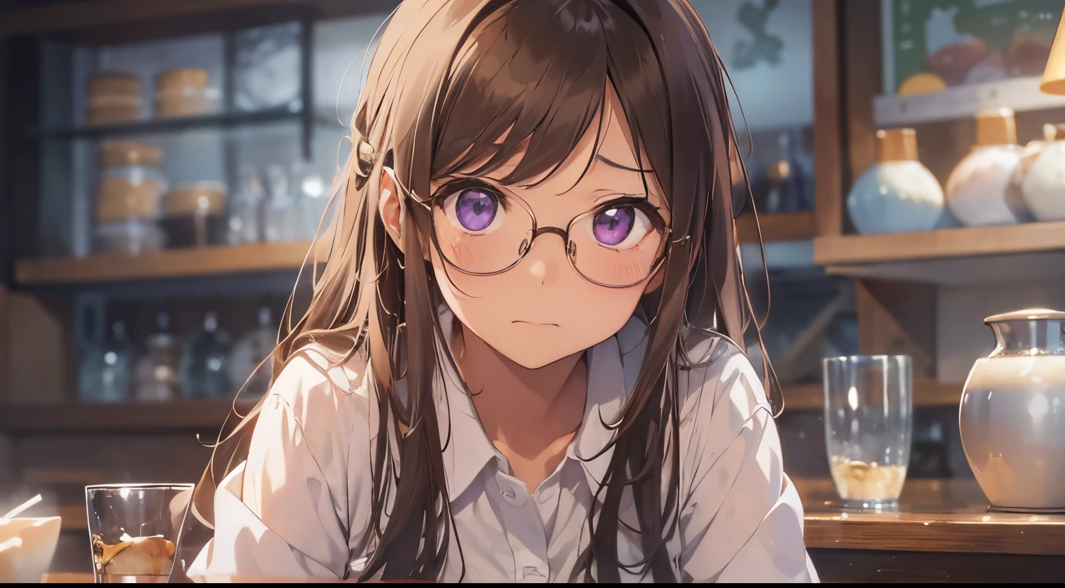 masterpiece、top-quality、(brown colored long hair、I have bangs:1.1)、25 year old woman with purple eyes、wears glasses、Wears a white shirt、sitting on(flat breast:1.1)、(A shy and glaring expression:1.3)、(Staring:1.5)、(Close-up of the subject's face:1.3)、having a dinner、Place the camera above the subject、The background is a restaurant、Bold composition、Upper body is shown、Alone、