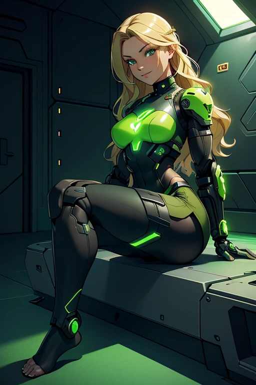 A beautiful, young, barefoot cyborg woman, wearing skintight cybernetic technological black and green body armor with a skirt, prosthetic arms and legs , with short blonde wavy hair, in a futuristic room, sitting ona bed, happy facial expression.