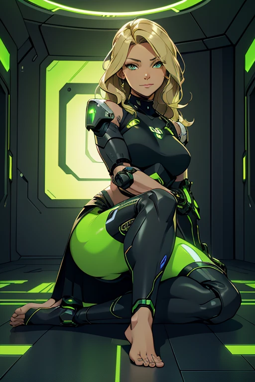 A beautiful, young, barefoot cyborg woman, wearing skintight cybernetic technological black and green body armor with a skirt, prosthetic arms and legs , with short blonde wavy hair, in a futuristic room, sitting on the ground, happy facial expression.